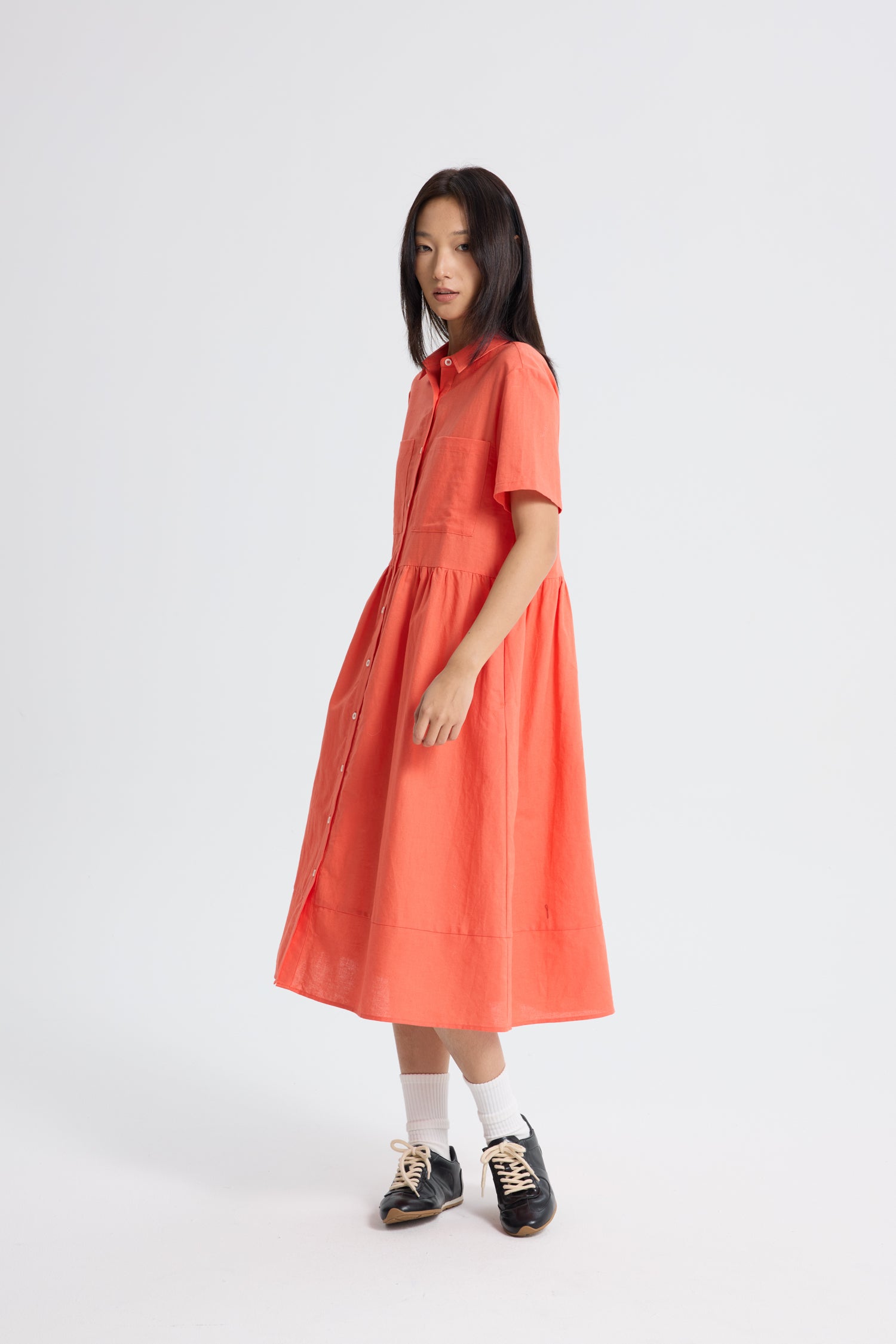 Gathered Short Sleeve Dress - Vermillion