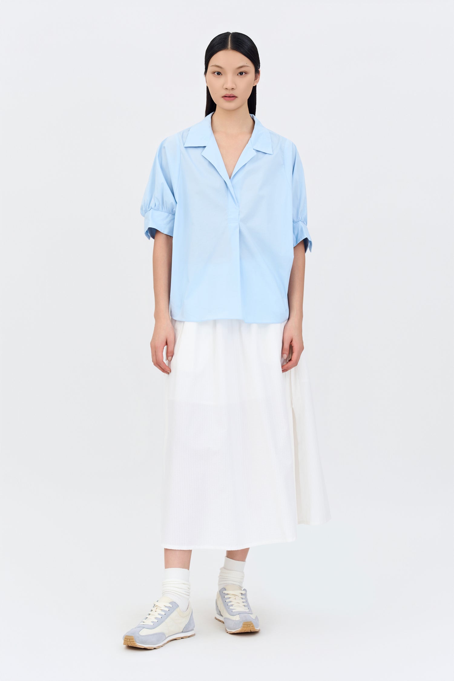 Cotton Puff Sleeve Blouse - Dusty Blue