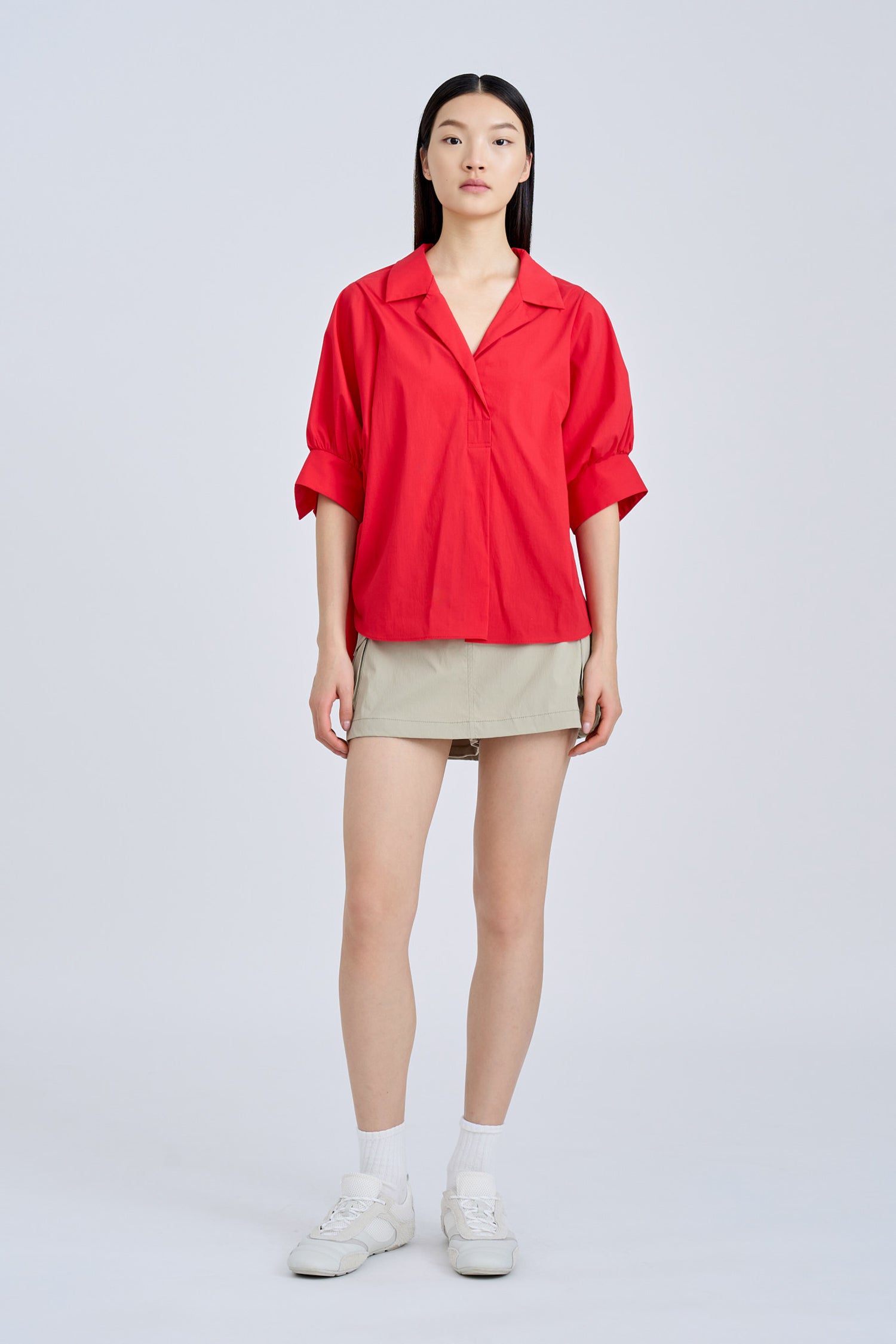 Cotton Puff Sleeve Blouse - Red [AT]