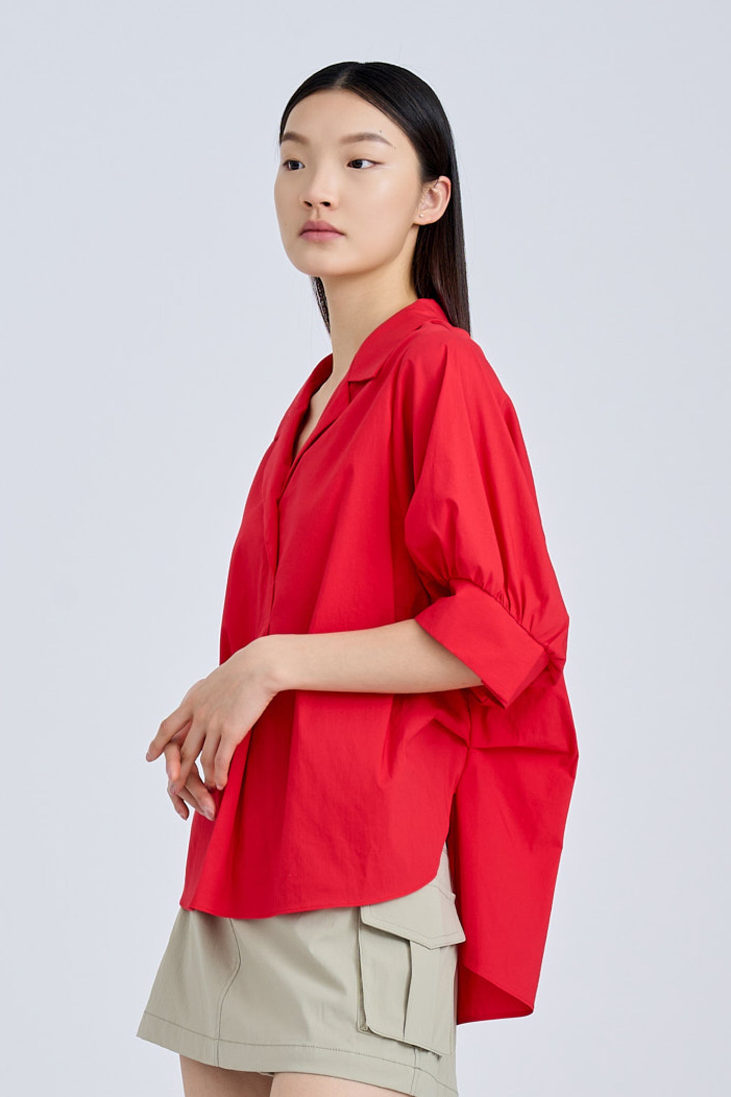 Cotton Puff Sleeve Blouse - Red [AT]