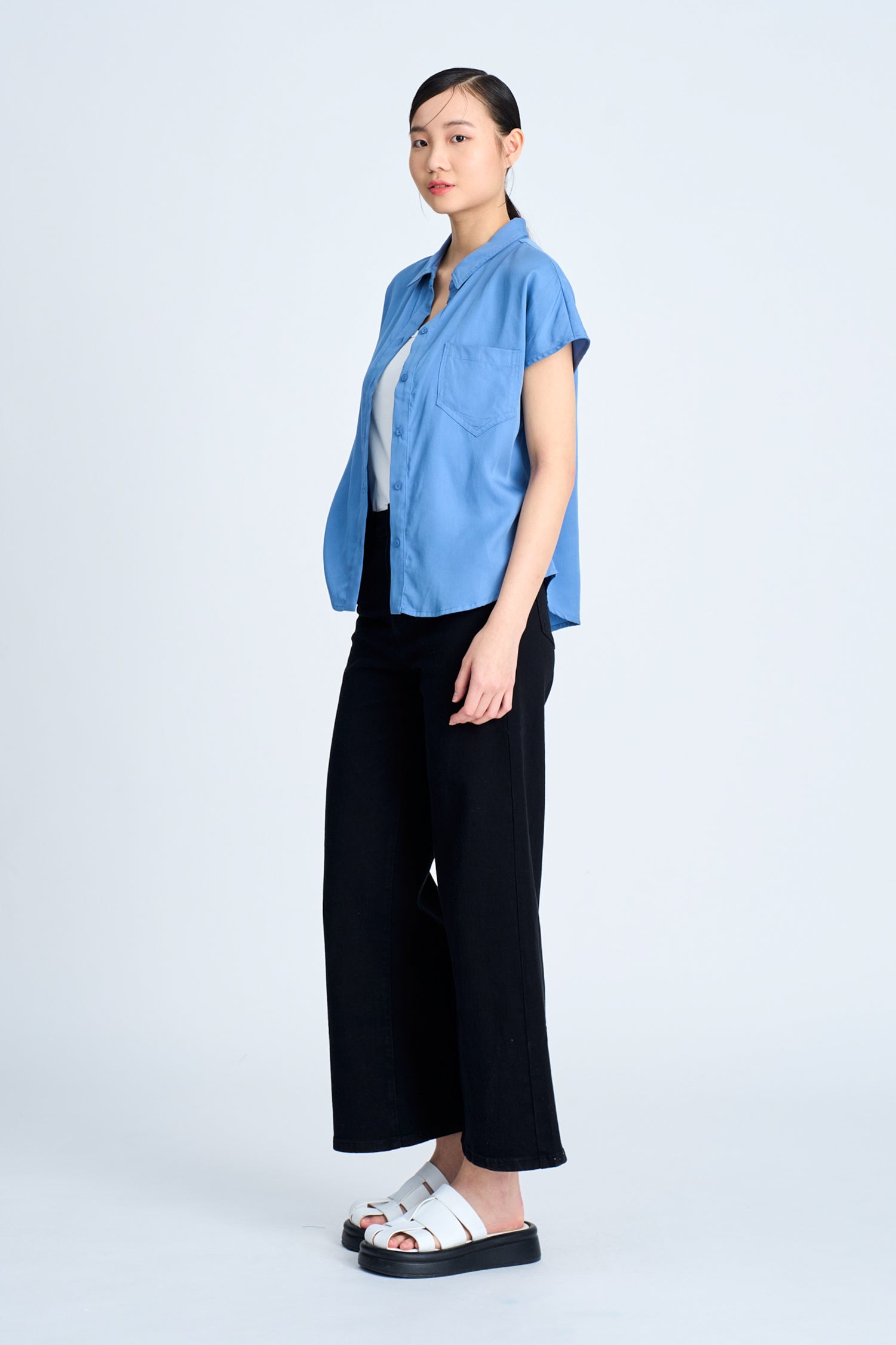 Cap Sleeve Blouse - Denim Blue