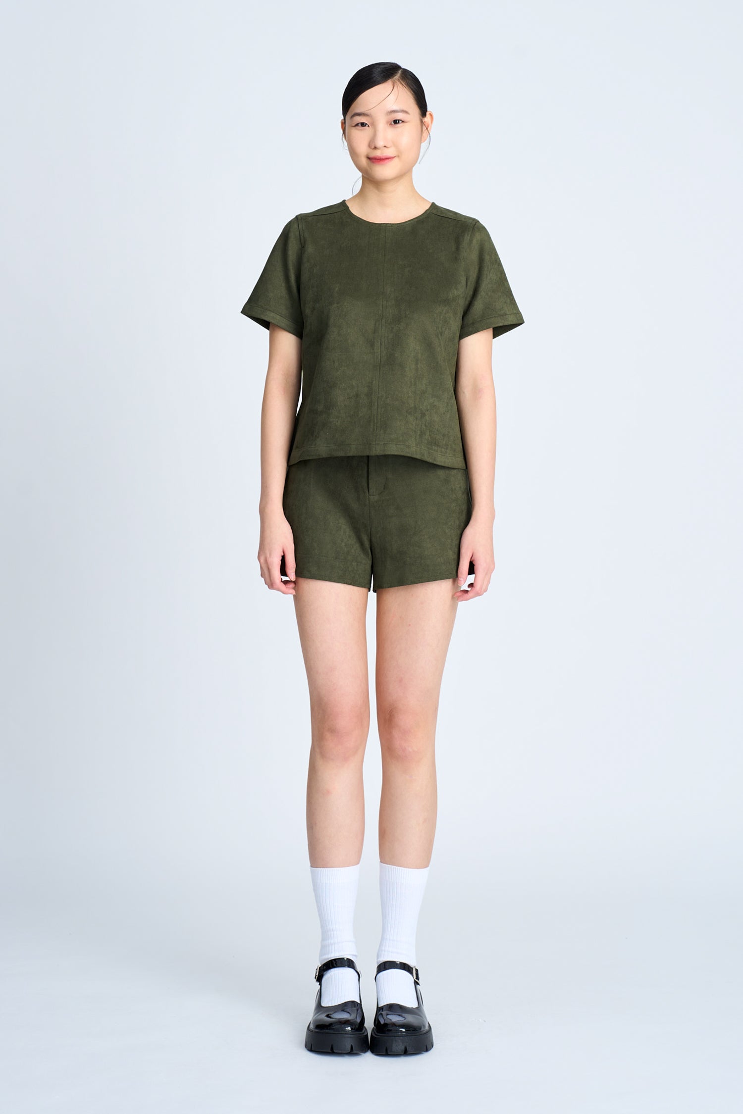 Suede Short Sleeve Blouse - Army Green [AT]