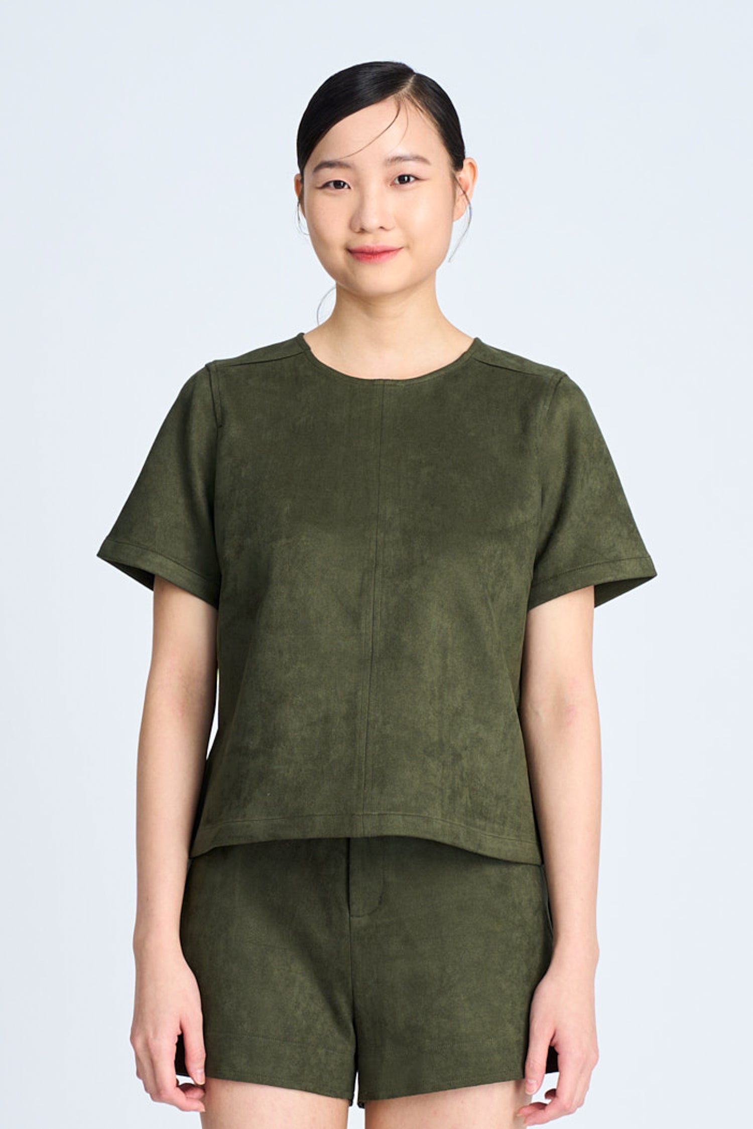 Suede Short Sleeve Blouse - Army Green [AT]