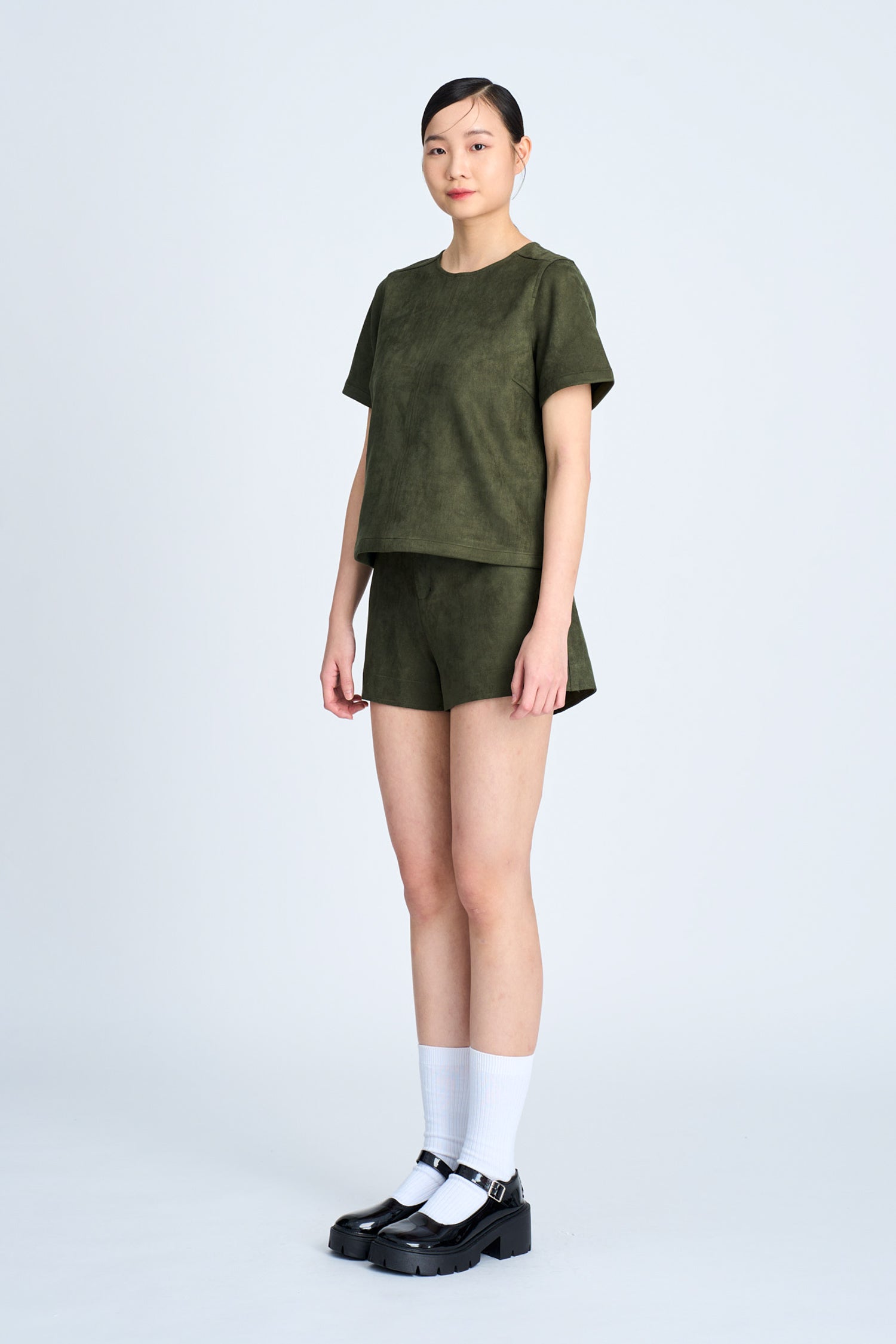 Suede Short Sleeve Blouse - Army Green [AT]