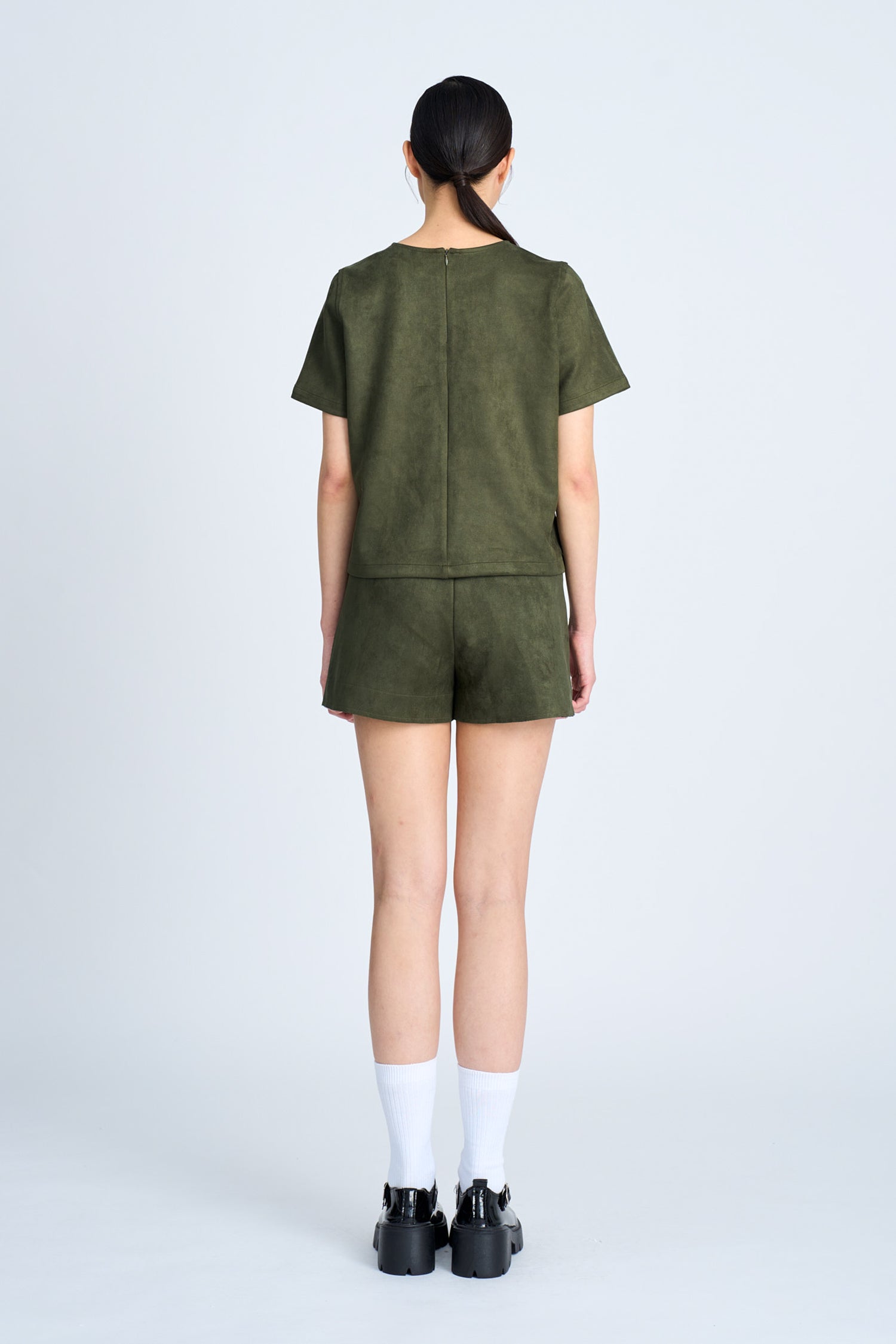 Suede Short Sleeve Blouse - Army Green [AT]