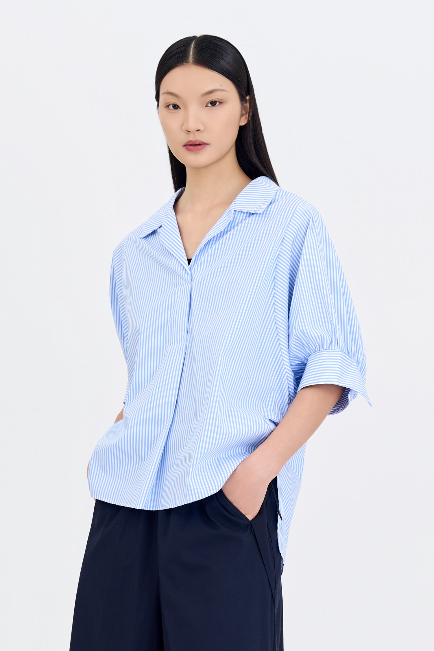 Striped Puff Sleeve Blouse - Blue Stripes
