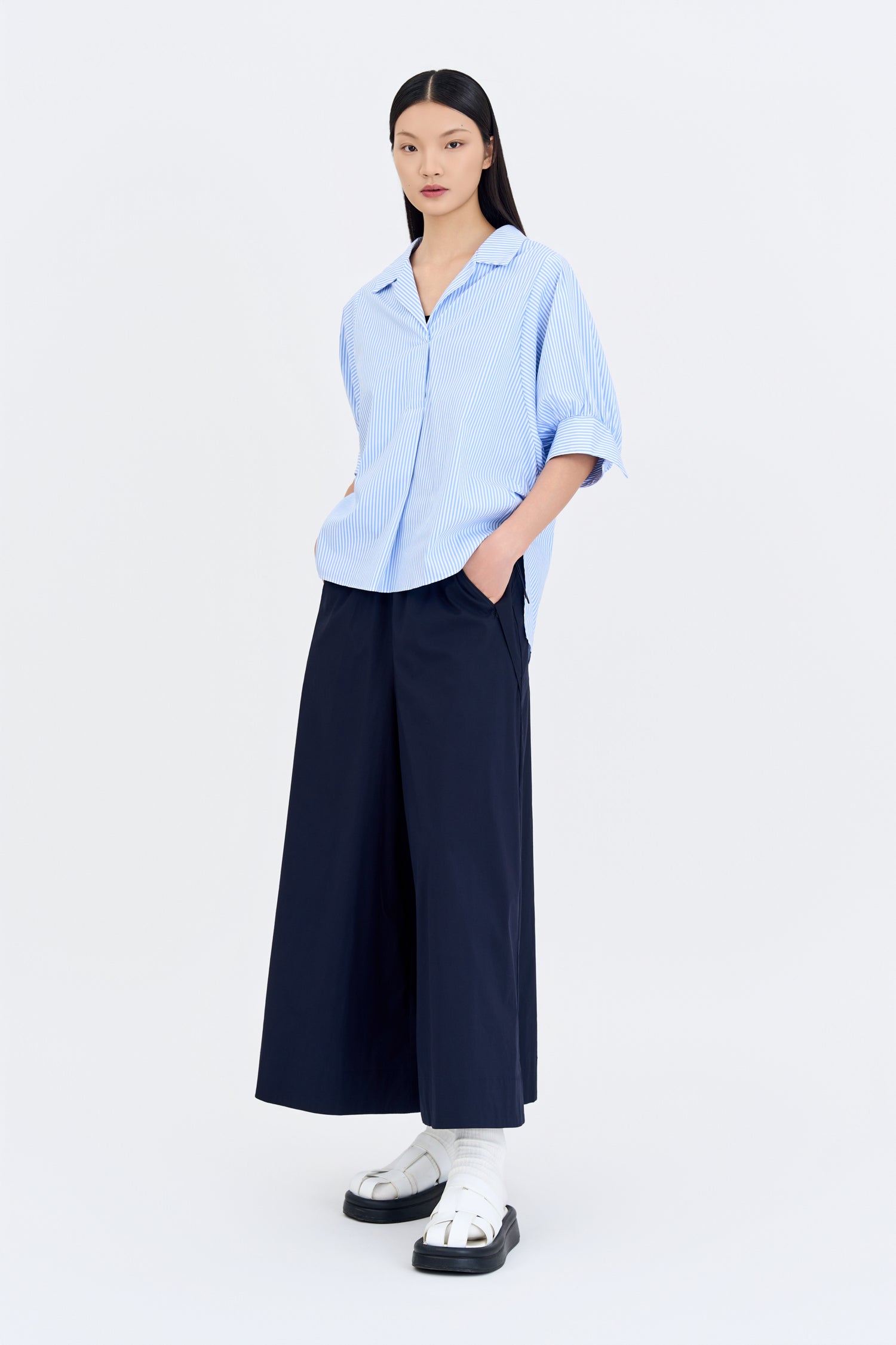 Striped Puff Sleeve Blouse - Blue Stripes