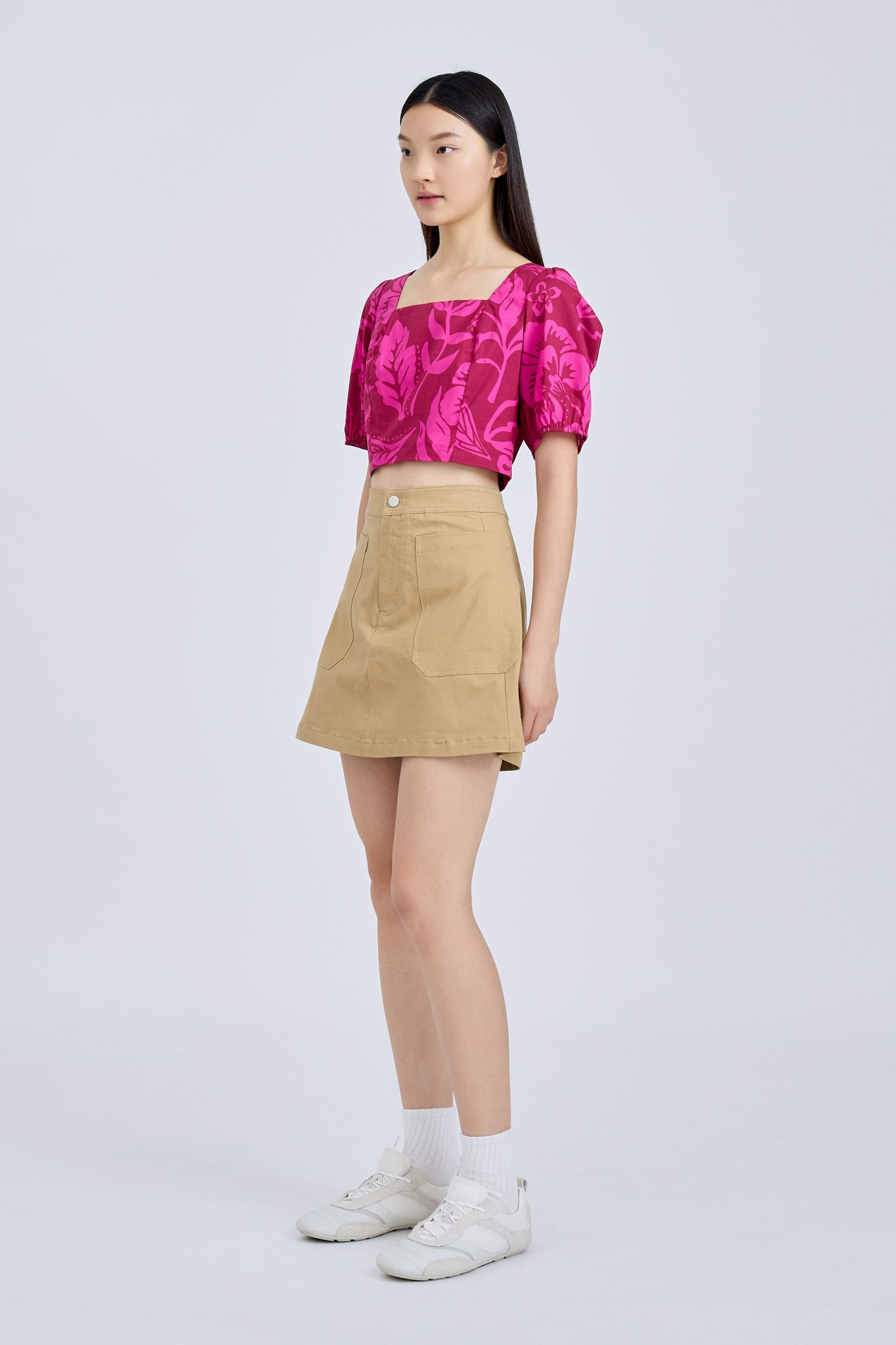 Floral Puff Sleeve Cropped Top - Floral Maroon [AT]