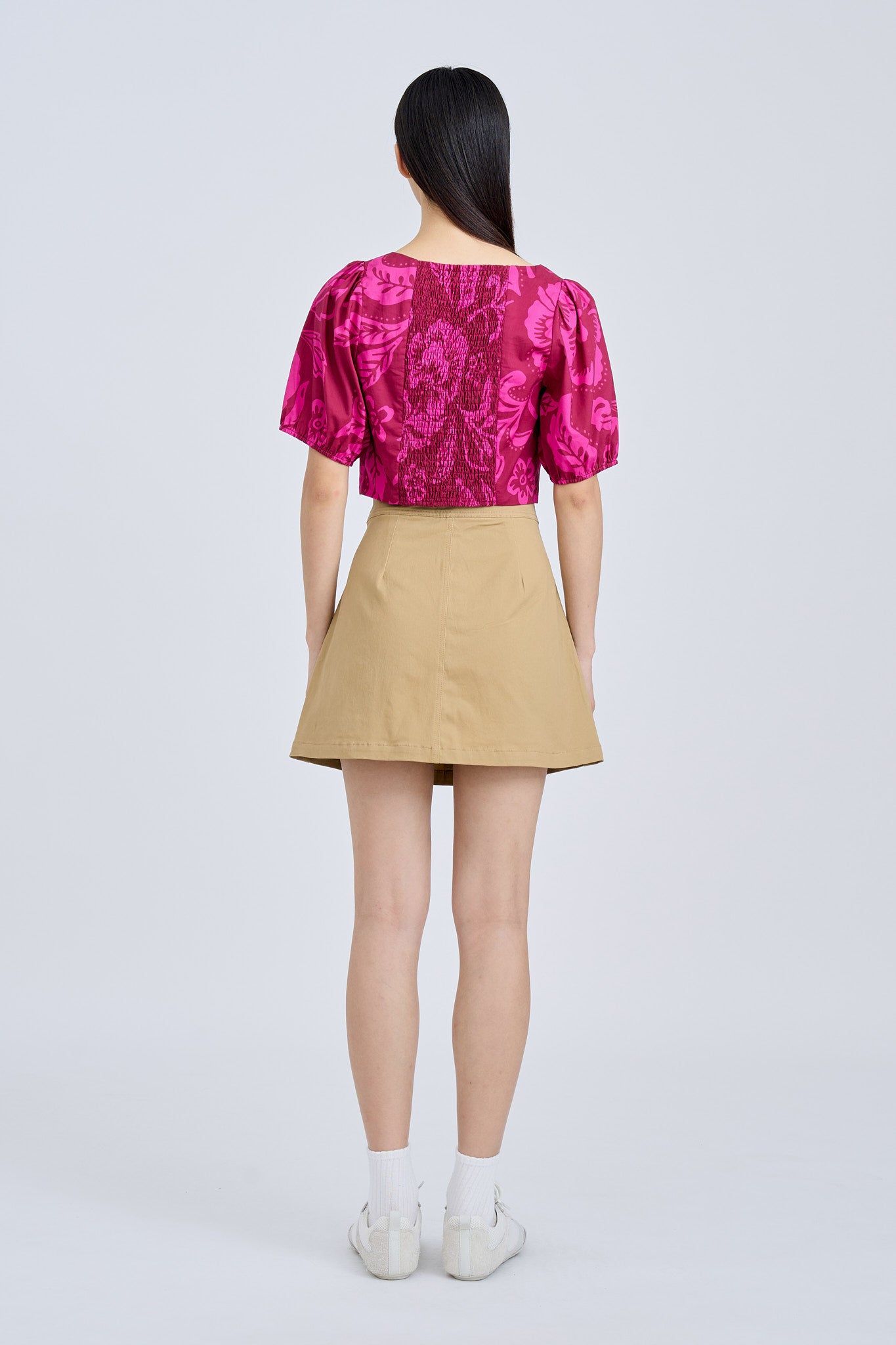 Floral Puff Sleeve Cropped Top - Floral Maroon [AT]