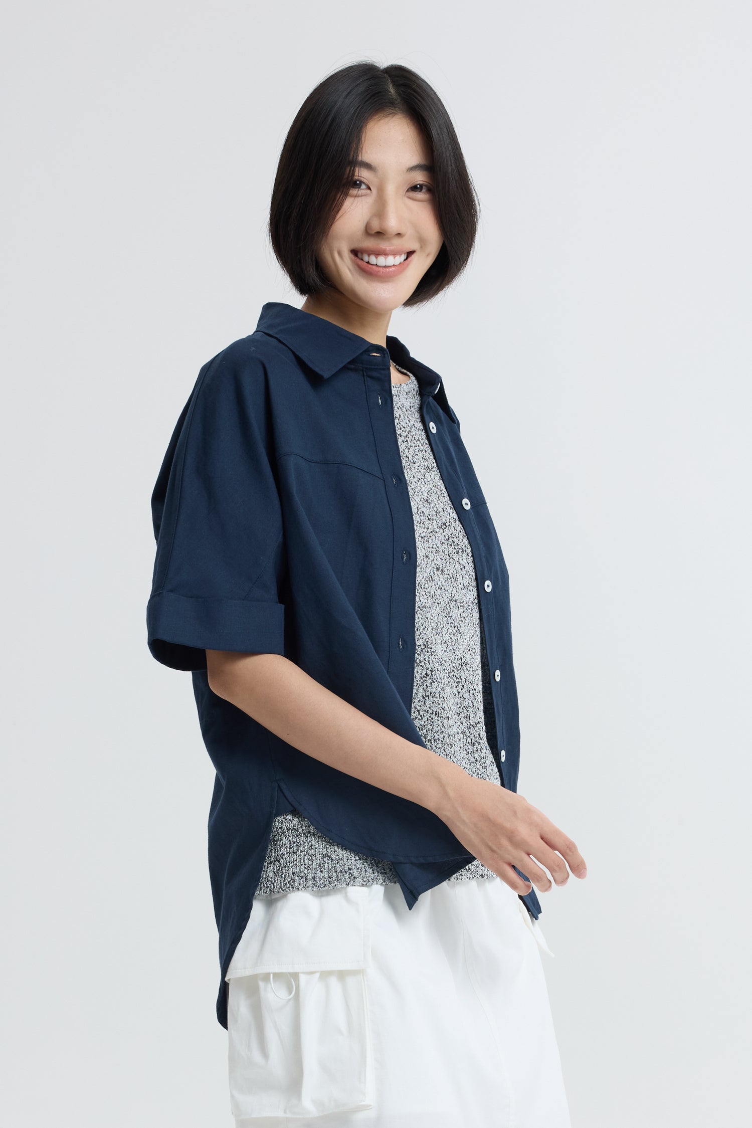 Boxy Short Sleeve Blouse - Navy
