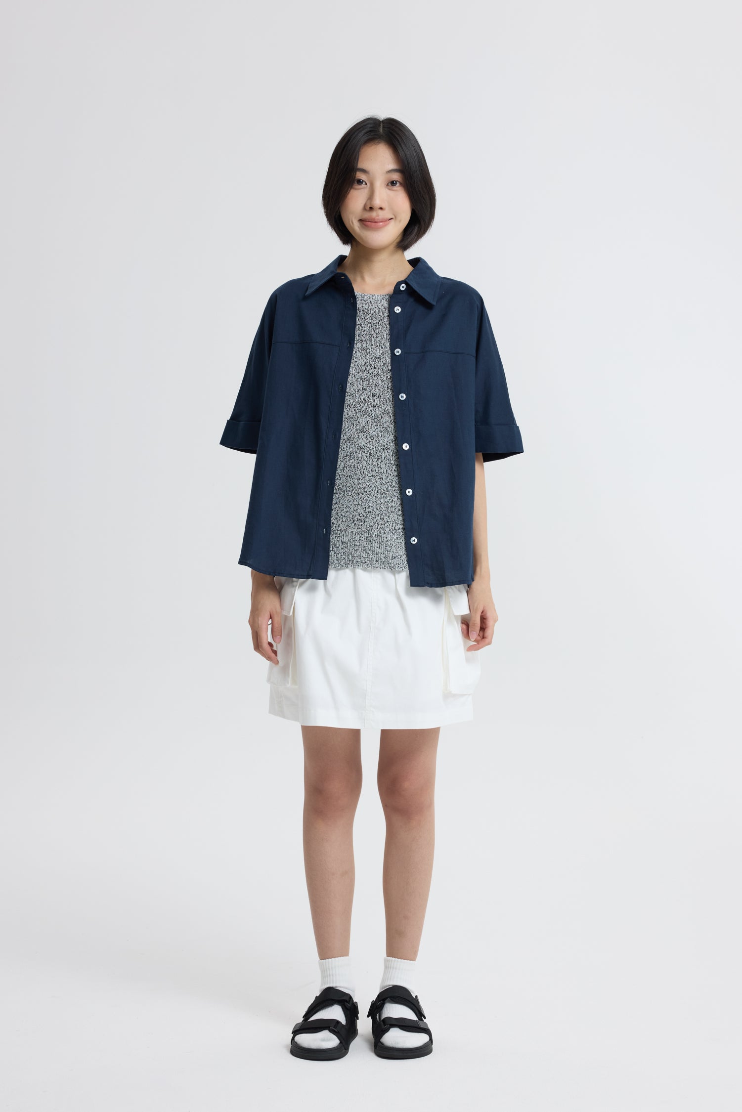 Boxy Short Sleeve Blouse - Navy