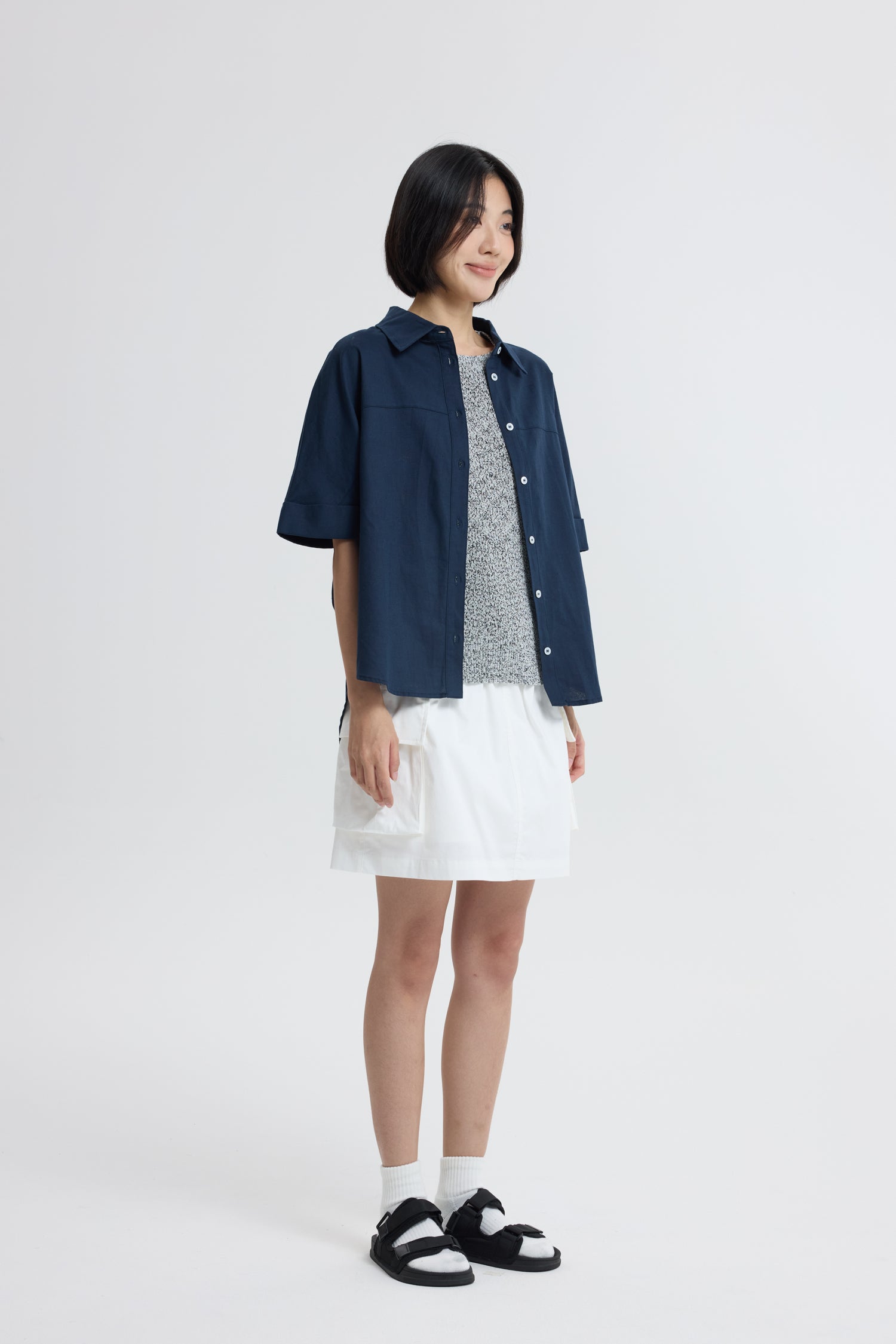 Boxy Short Sleeve Blouse - Navy