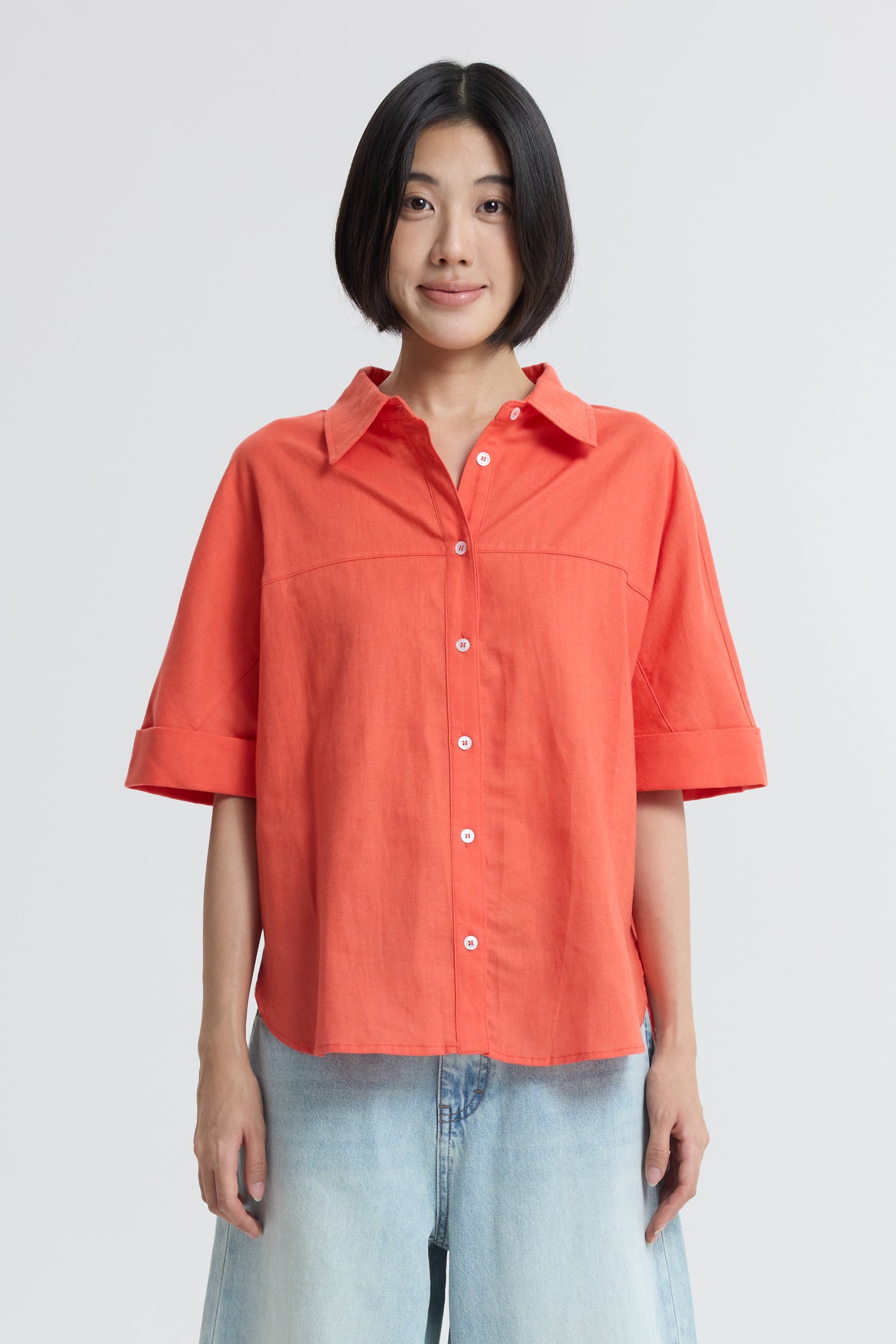 Boxy Short Sleeve Blouse - Vermillion