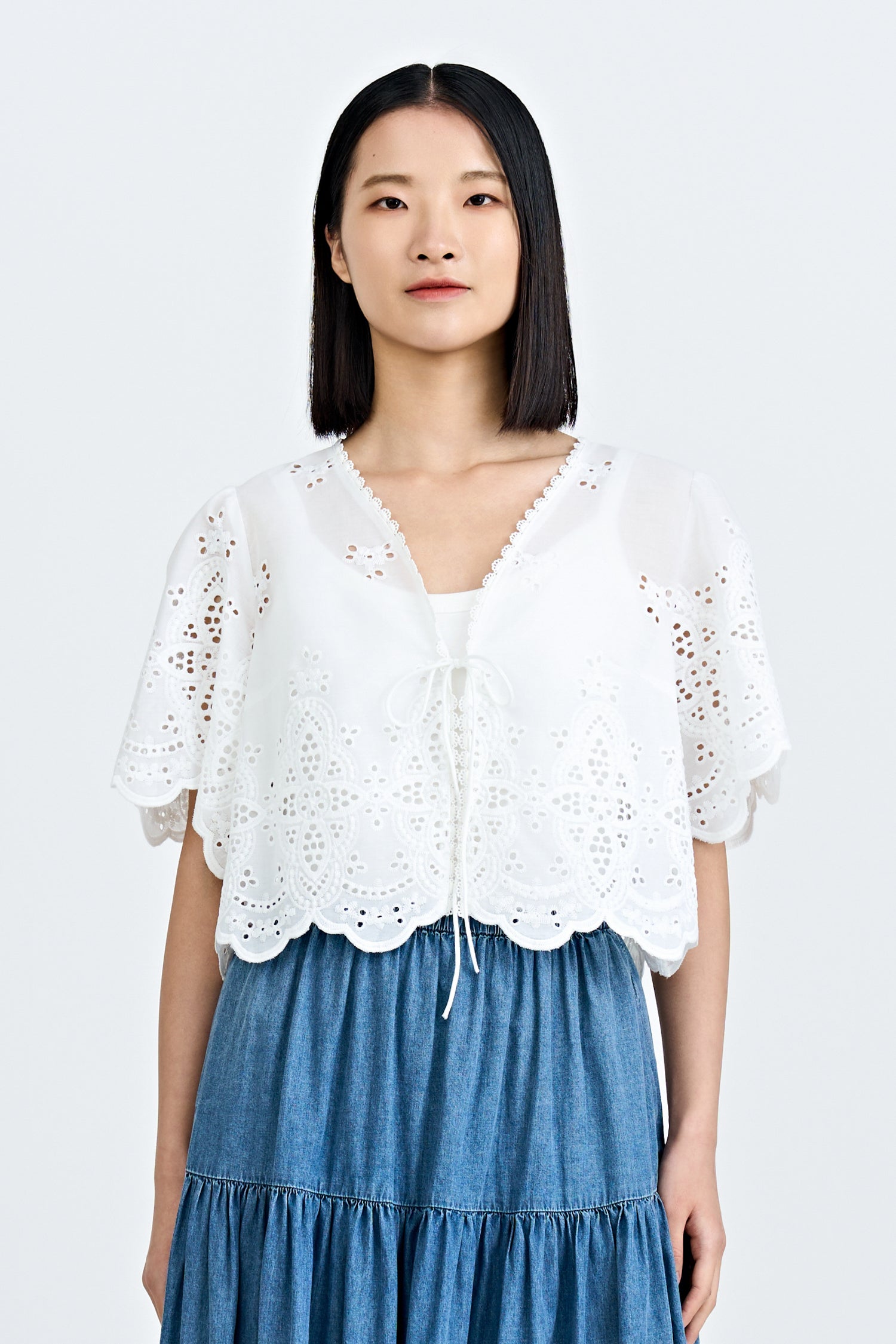 Broderie Bow Tie Blouse - Cream