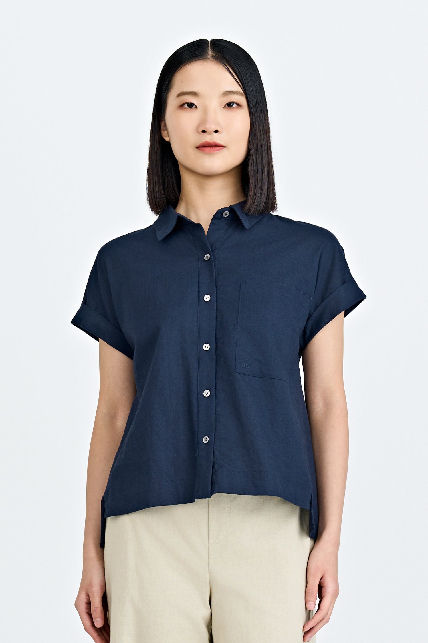 Roll Up Cuff Blouse - Navy