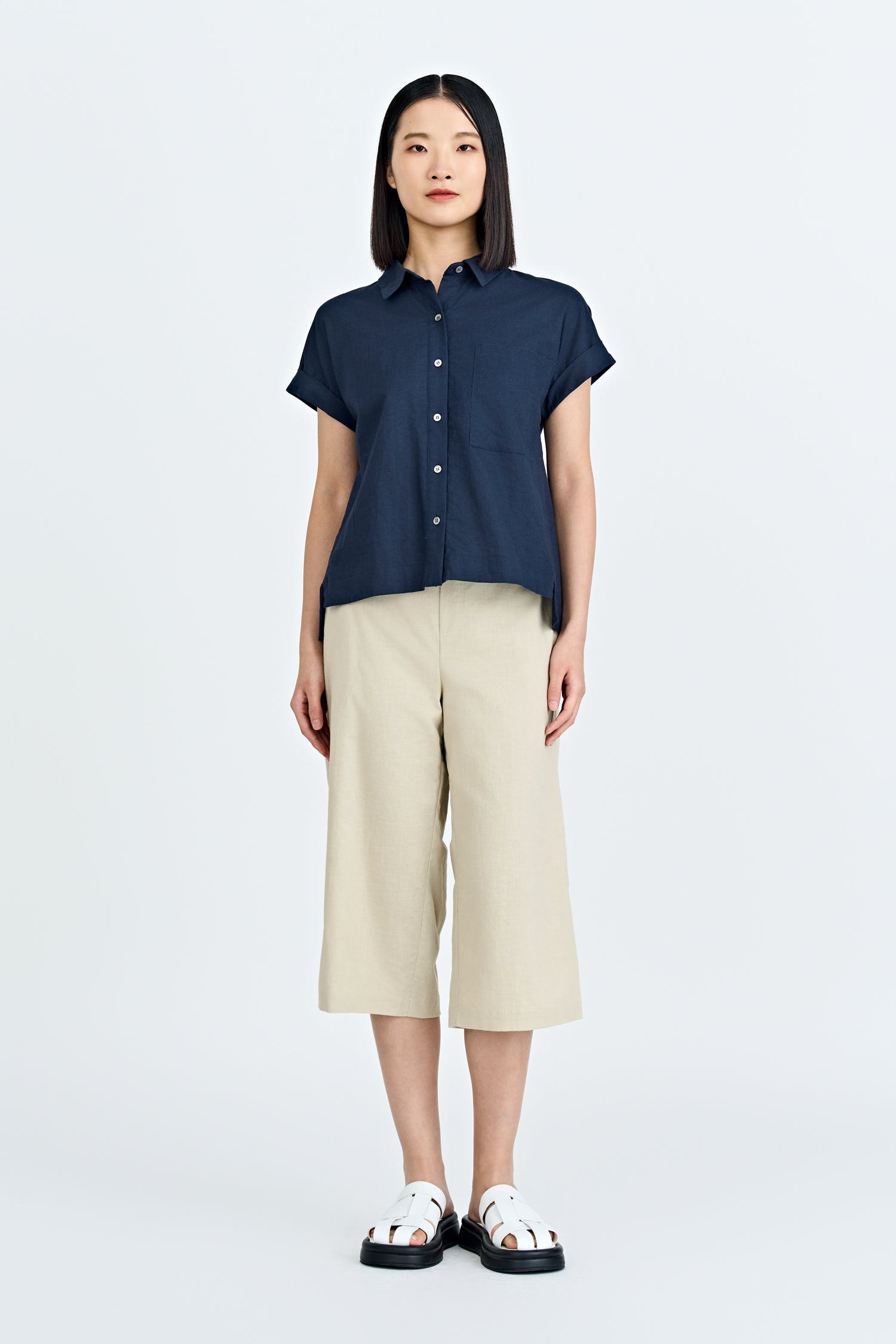 Roll Up Cuff Blouse - Navy