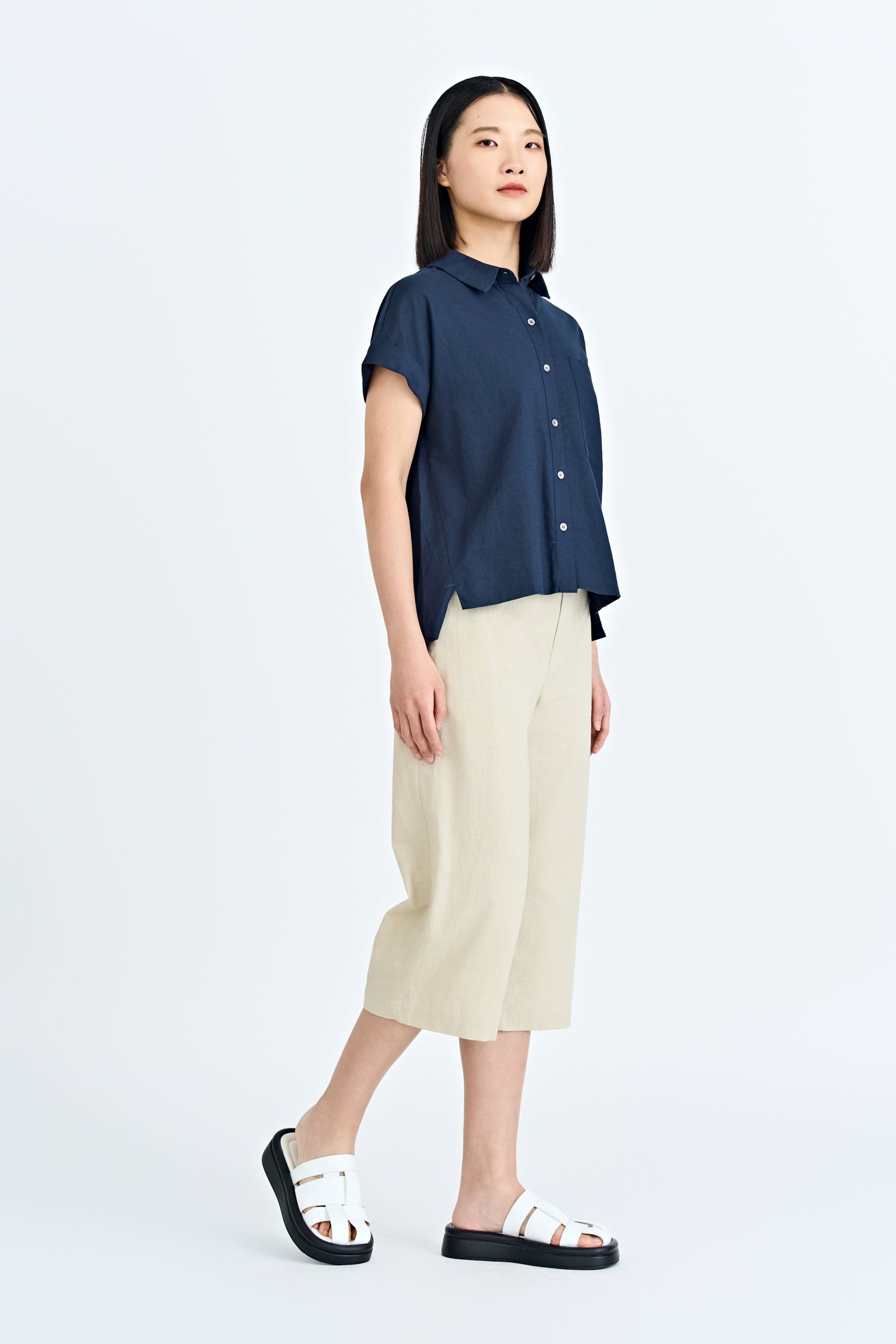 Roll Up Cuff Blouse - Navy