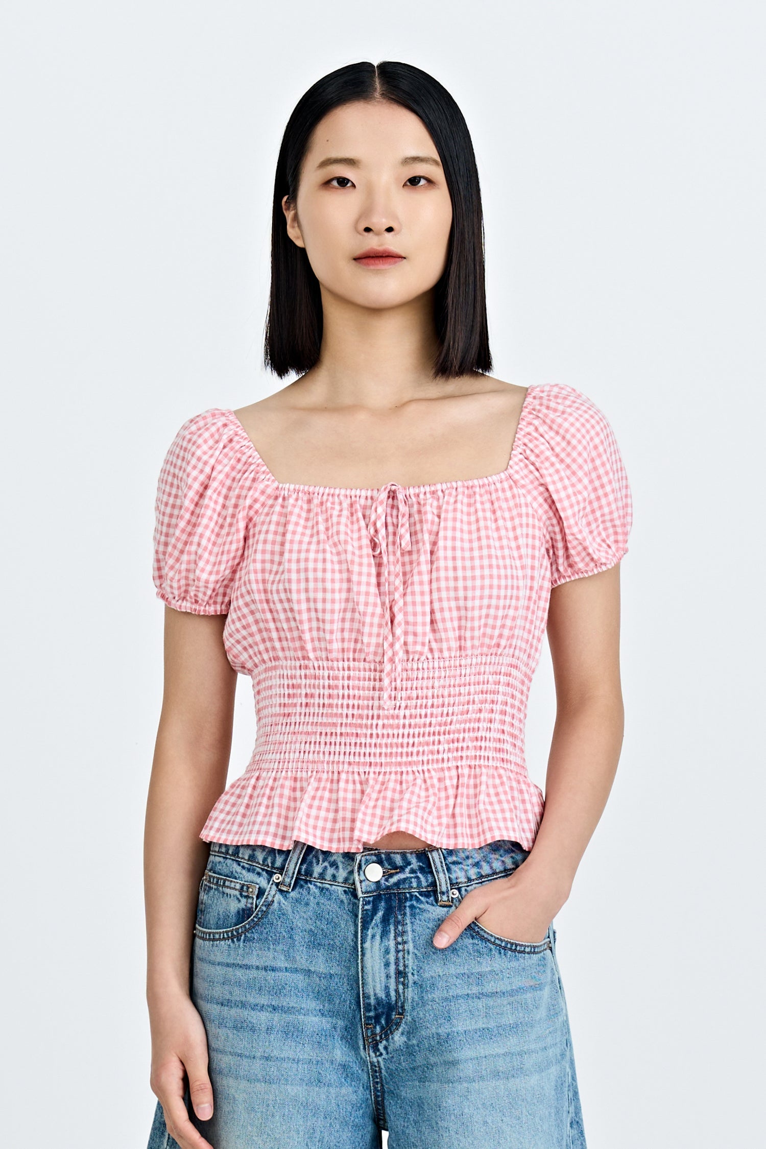 Checkered Gathered Blouse - Checkered Blush