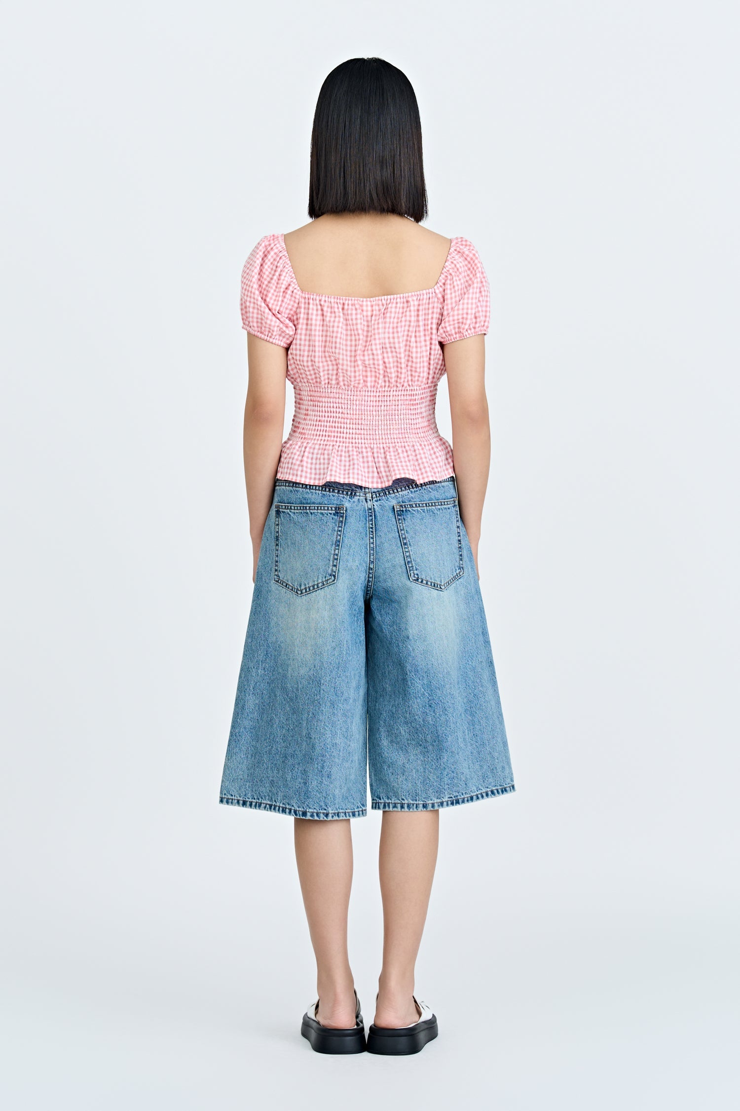 Checkered Gathered Blouse - Checkered Blush