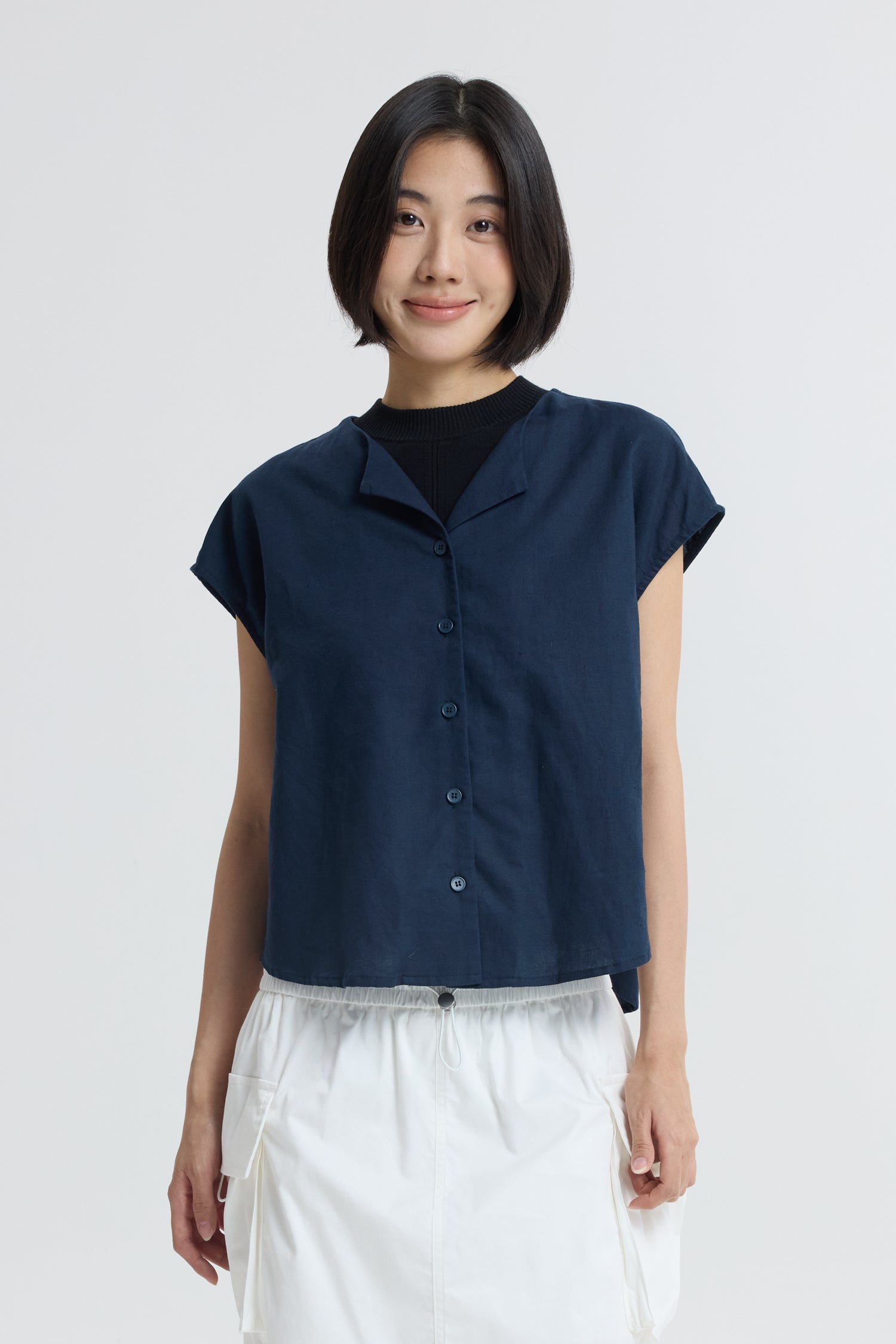 Sleeveless Button Blouse - Navy