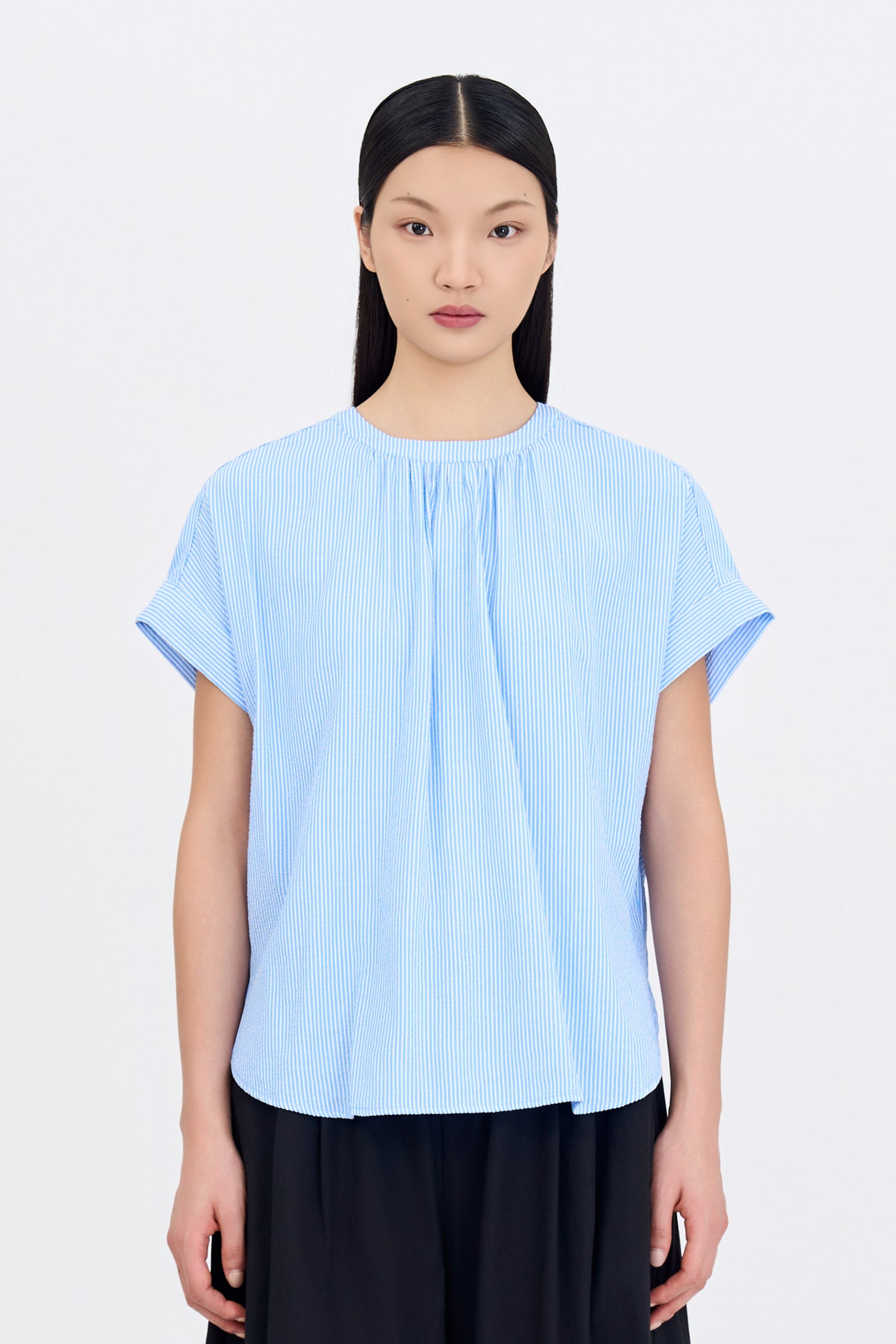 Gathered Neck Blouse - Stripes Blue