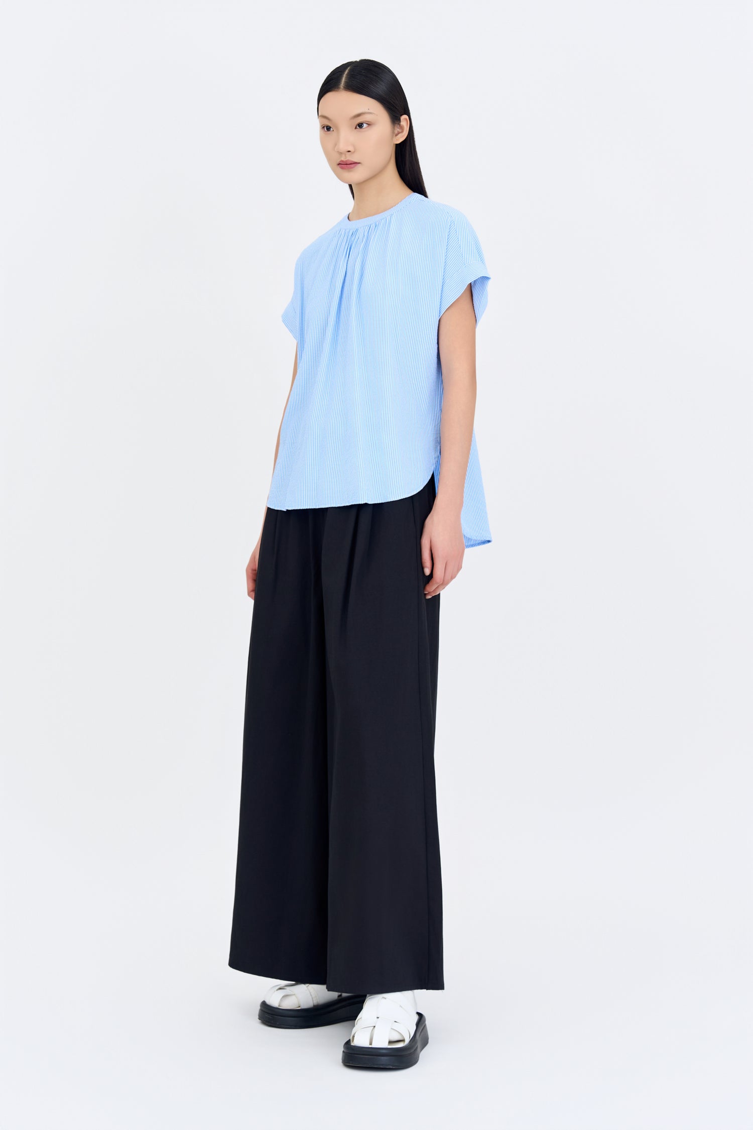 Gathered Neck Blouse - Stripes Blue