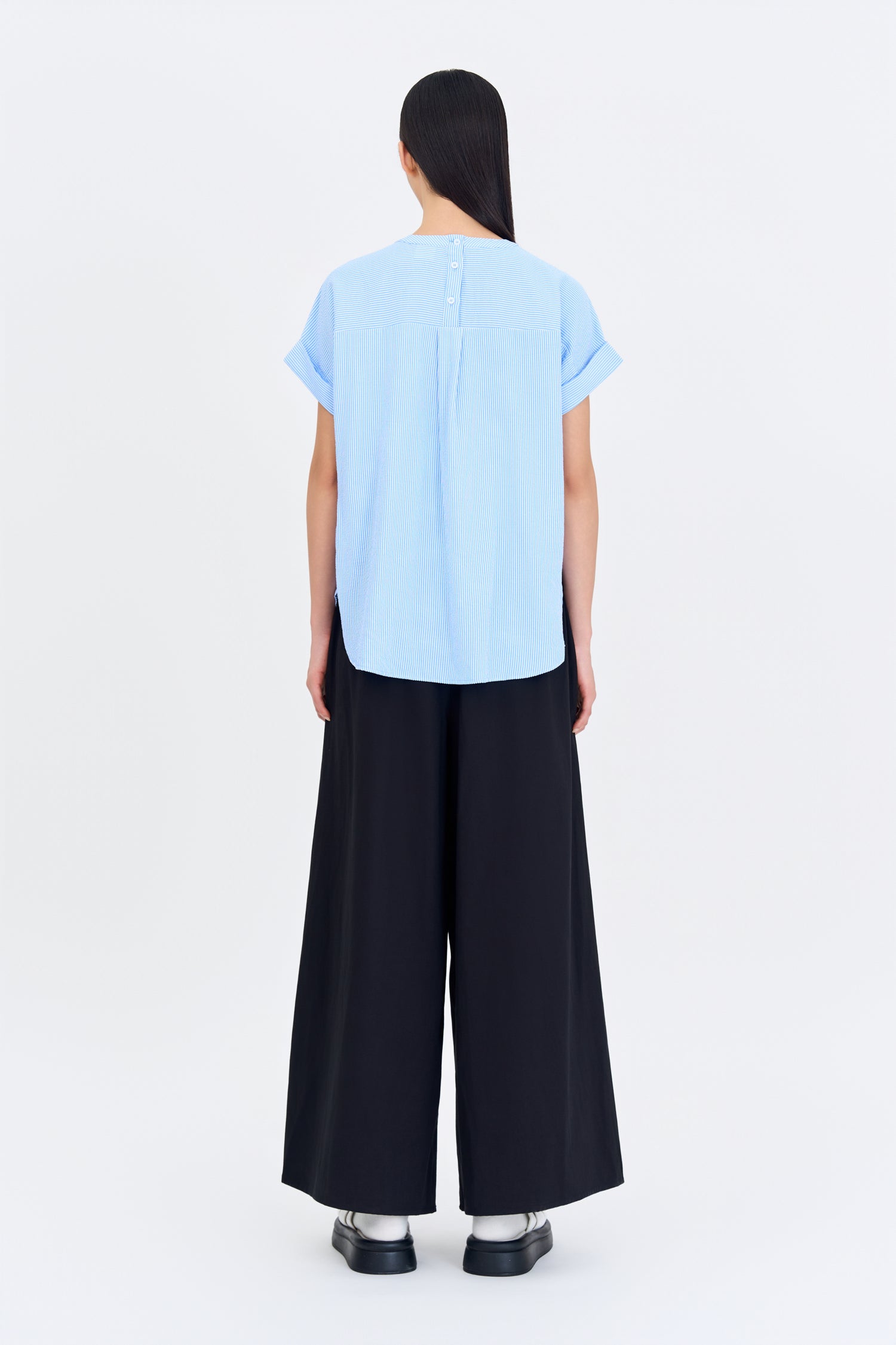 Gathered Neck Blouse - Stripes Blue
