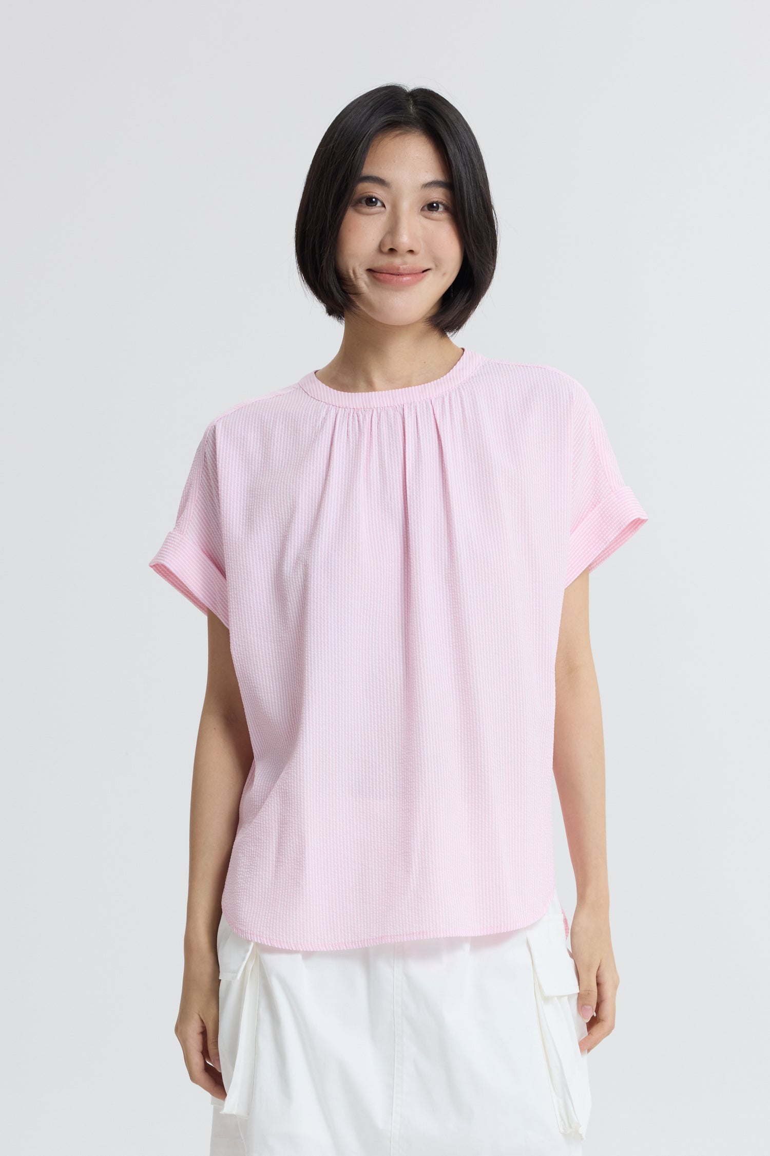 Gathered Neck Blouse - Blush Stripes