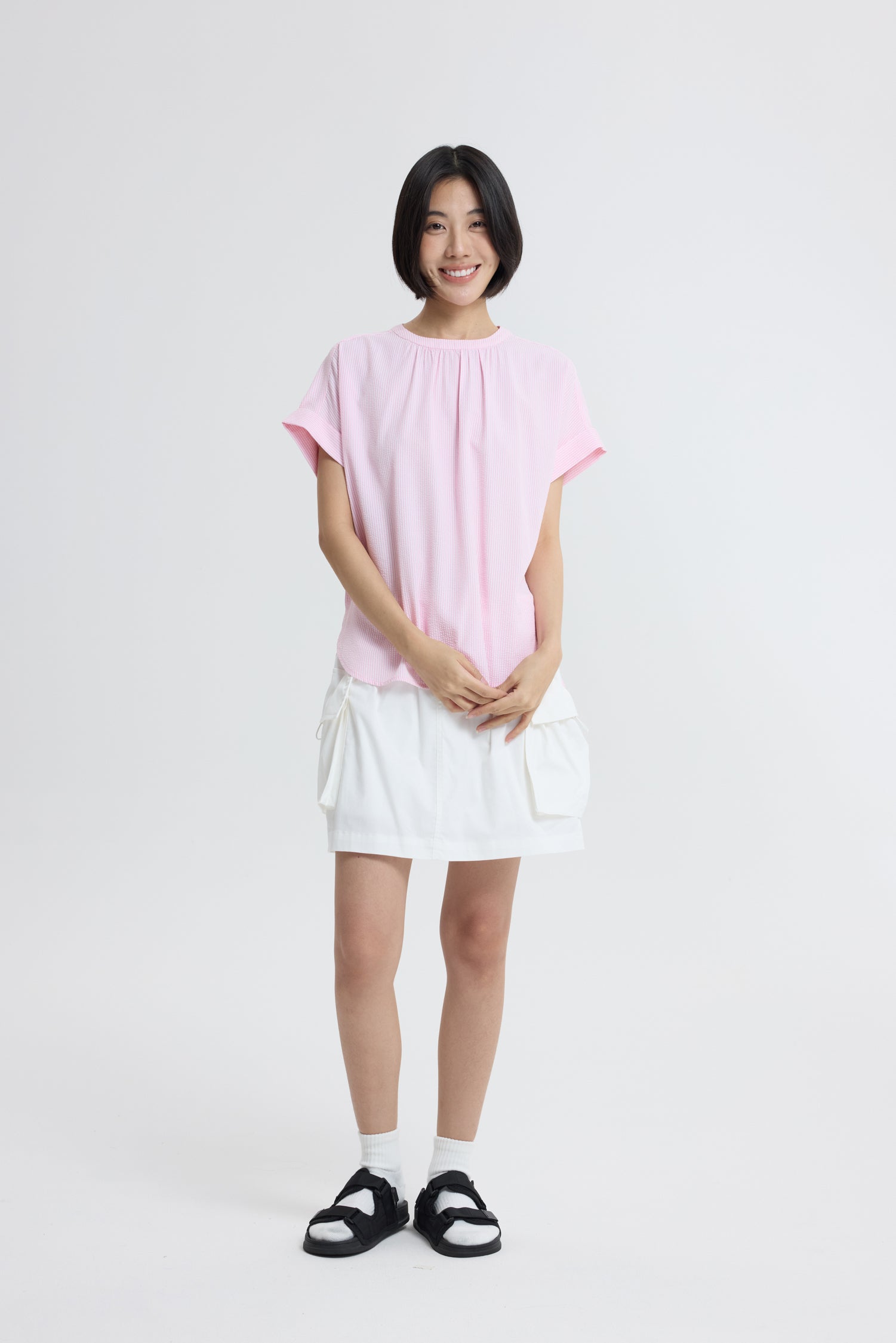 Gathered Neck Blouse - Blush Stripes