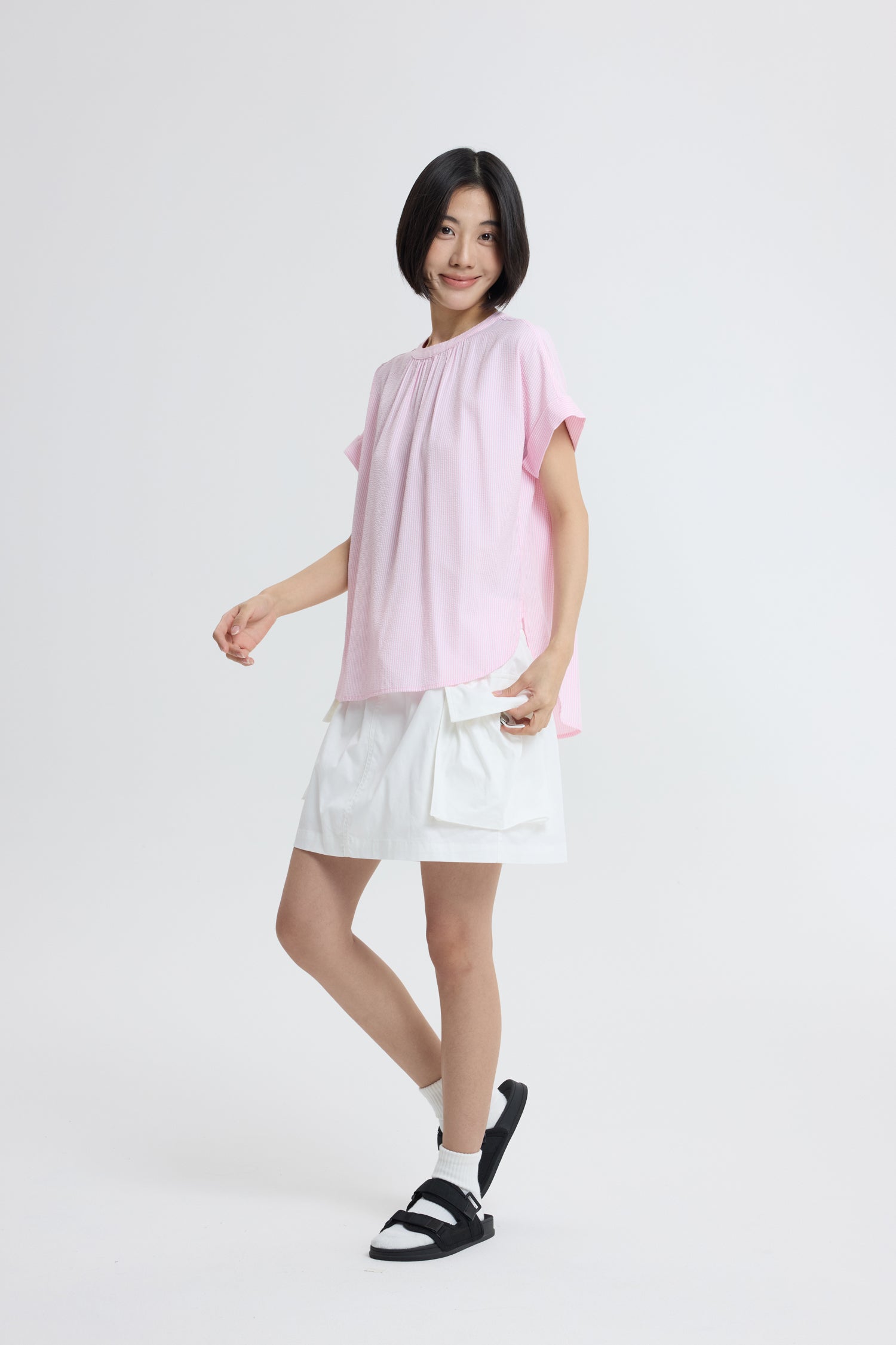 Gathered Neck Blouse - Blush Stripes