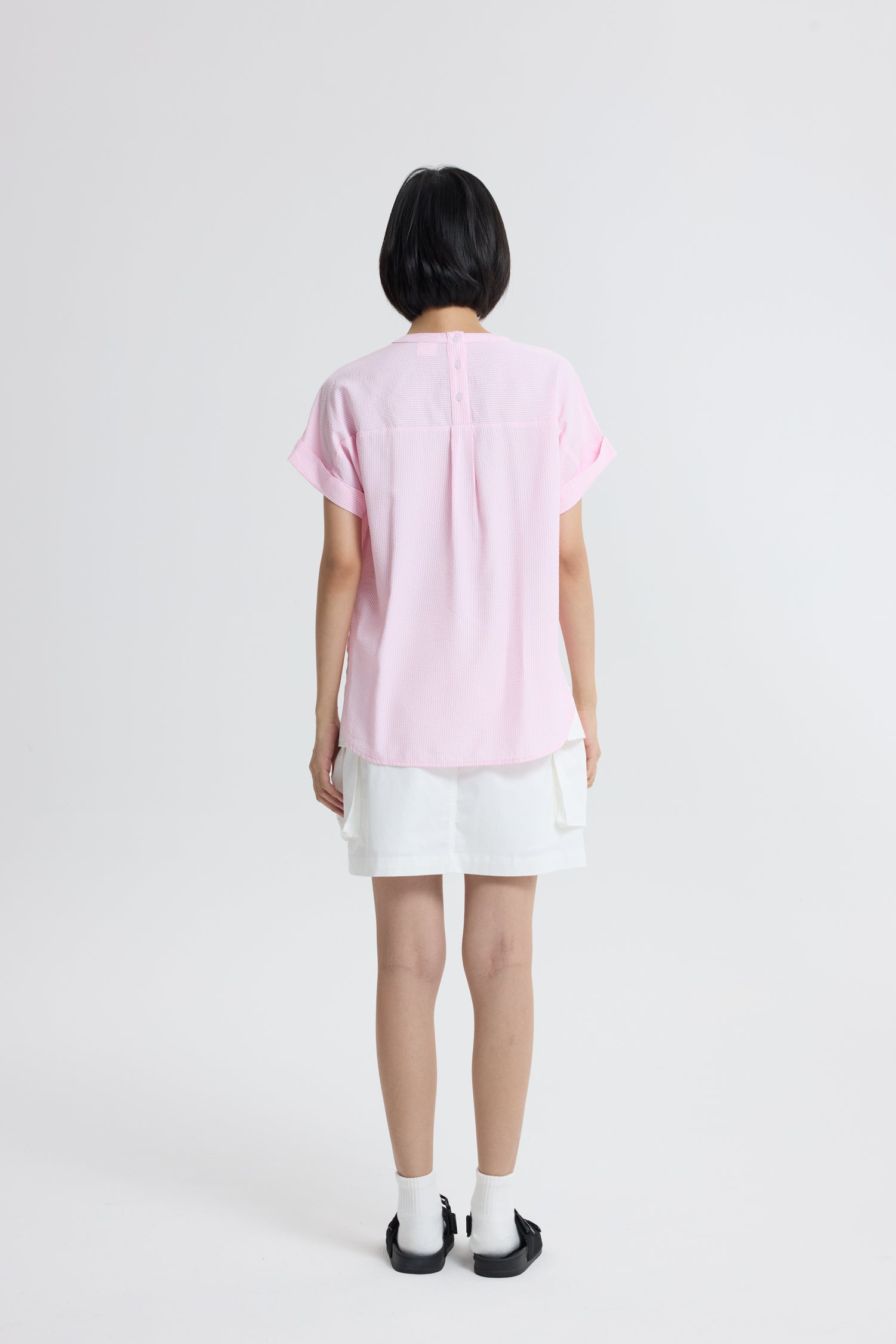 Gathered Neck Blouse - Blush Stripes