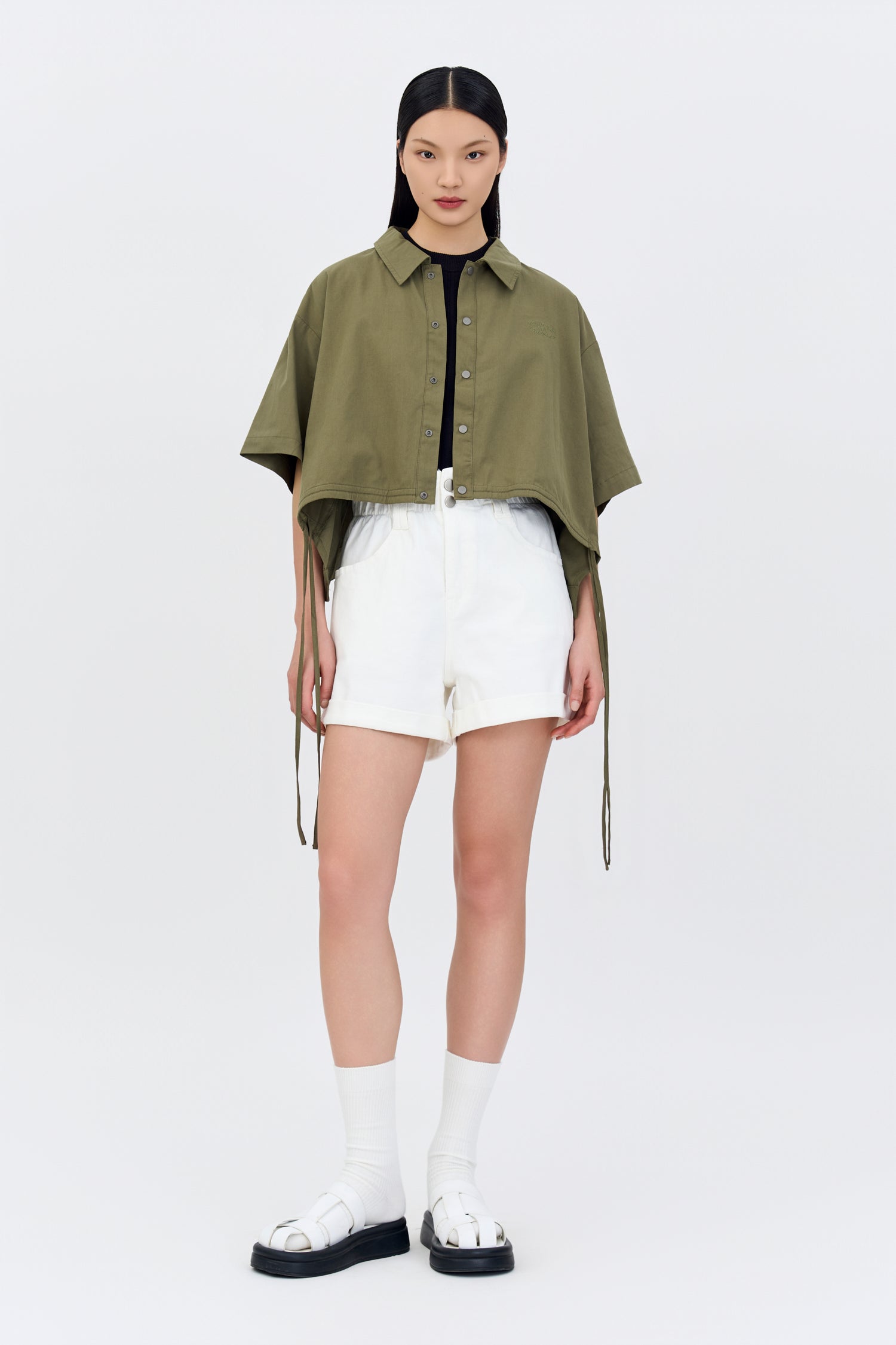 Drawstring Hem Blouse - Khaki Green