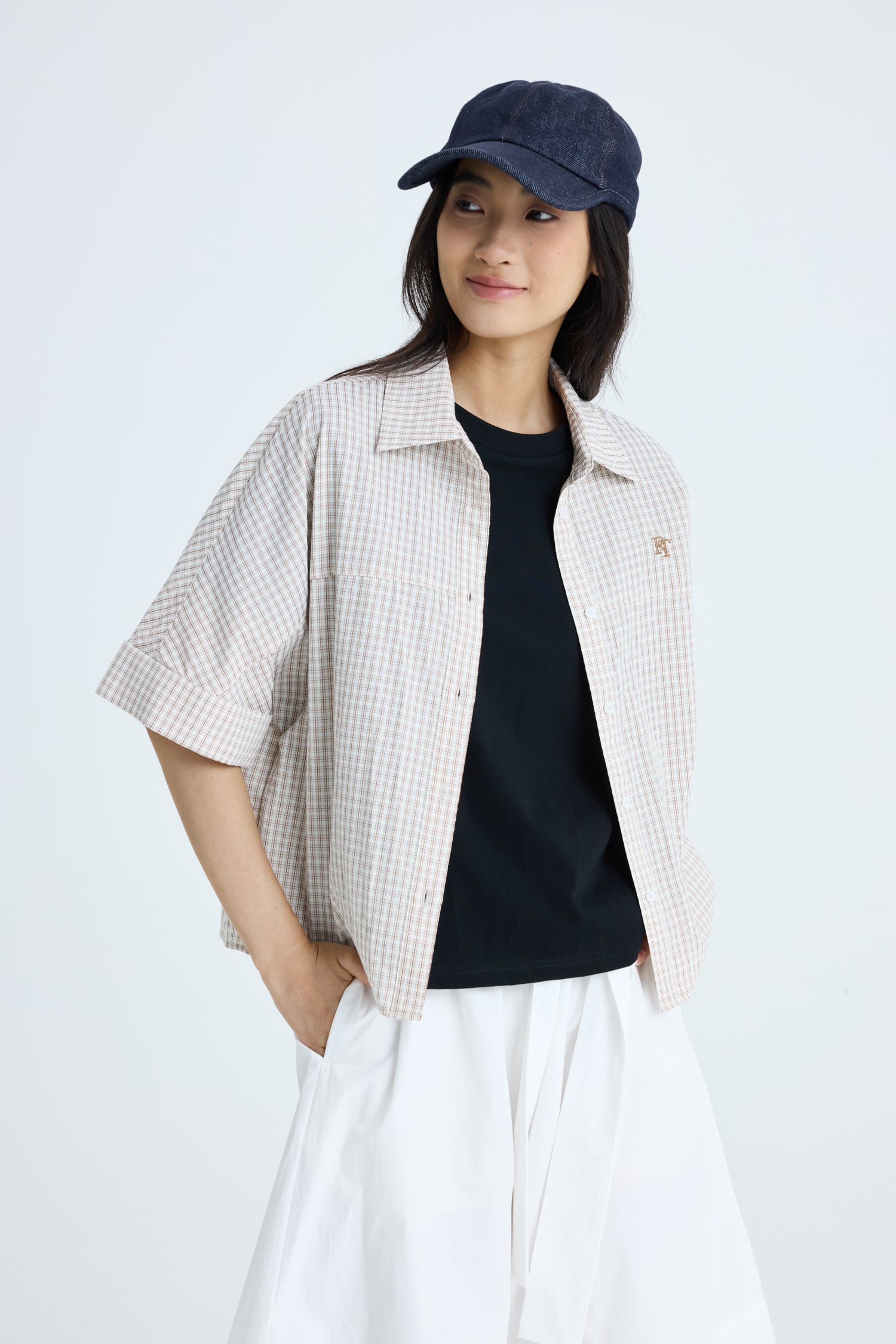 Checkered Cropped Collar Top - Checkered Cocoa