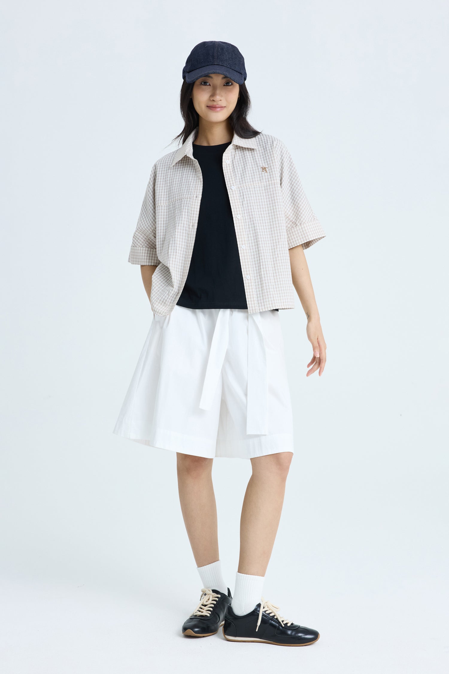 Checkered Cropped Collar Top - Checkered Cocoa