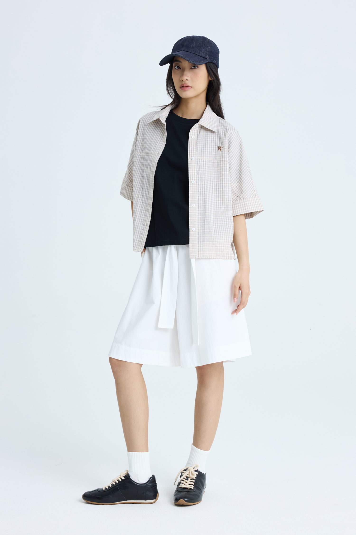 Checkered Cropped Collar Top - Checkered Cocoa