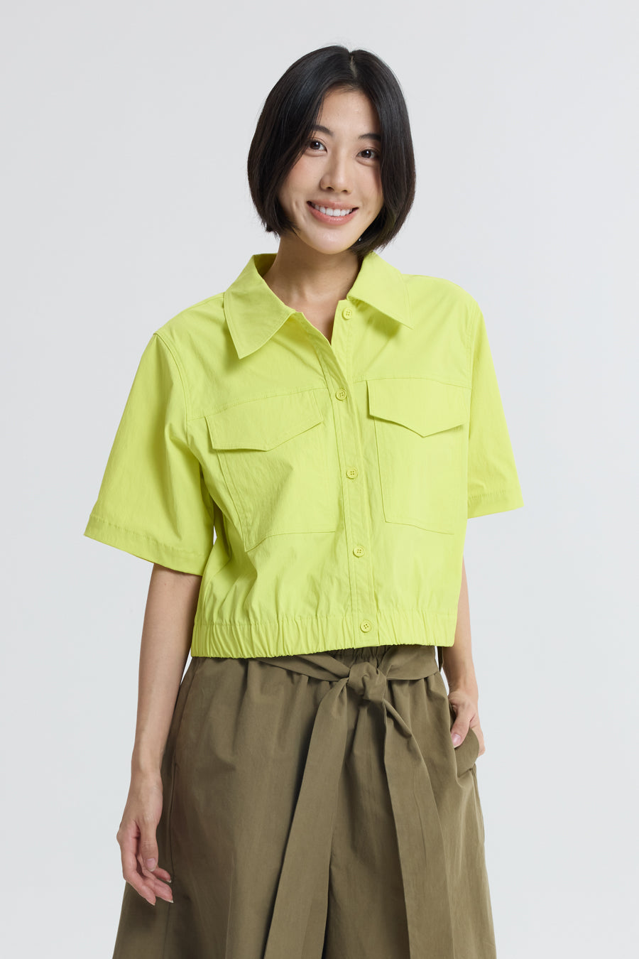Collared Blouse with Elastic Hem - Chartreuse