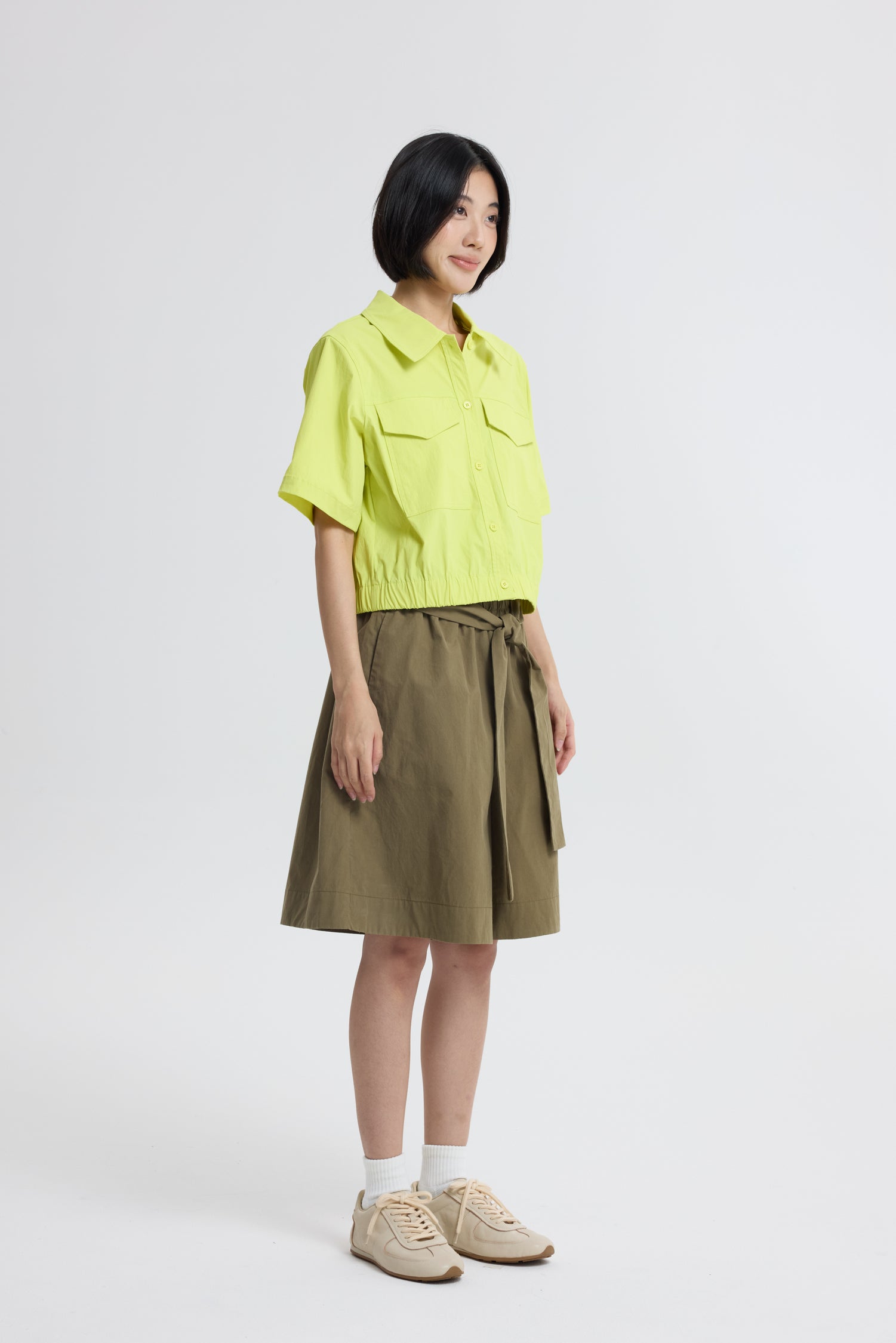 Collared Blouse with Elastic Hem - Chartreuse