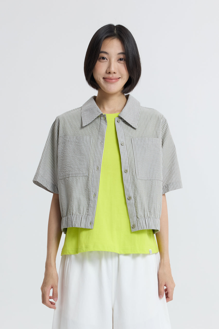 Collared Blouse with Elastic Hem - Stripes Sage