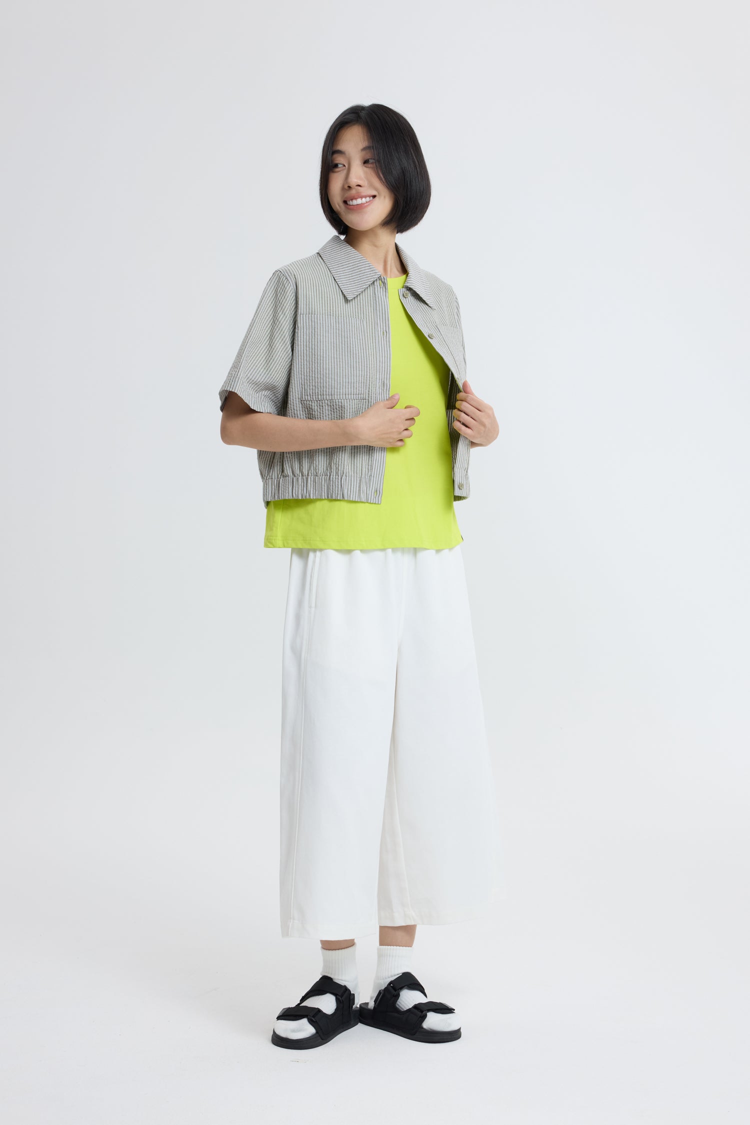 Collared Blouse with Elastic Hem - Stripes Sage