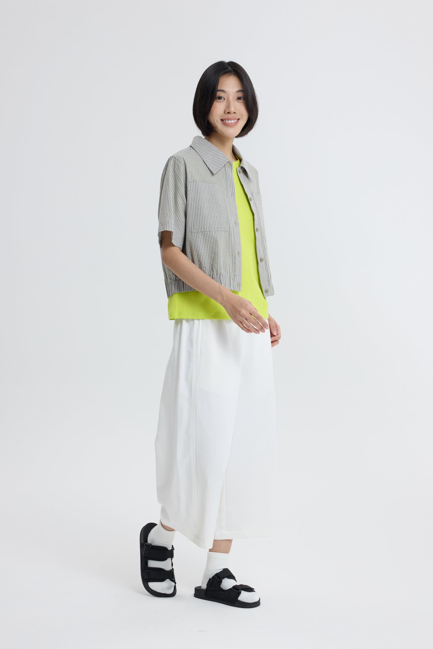 Collared Blouse with Elastic Hem - Stripes Sage