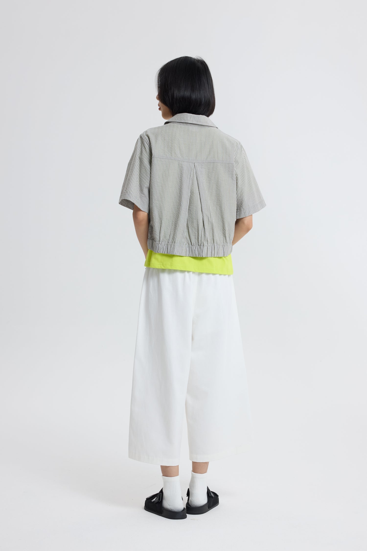 Collared Blouse with Elastic Hem - Stripes Sage