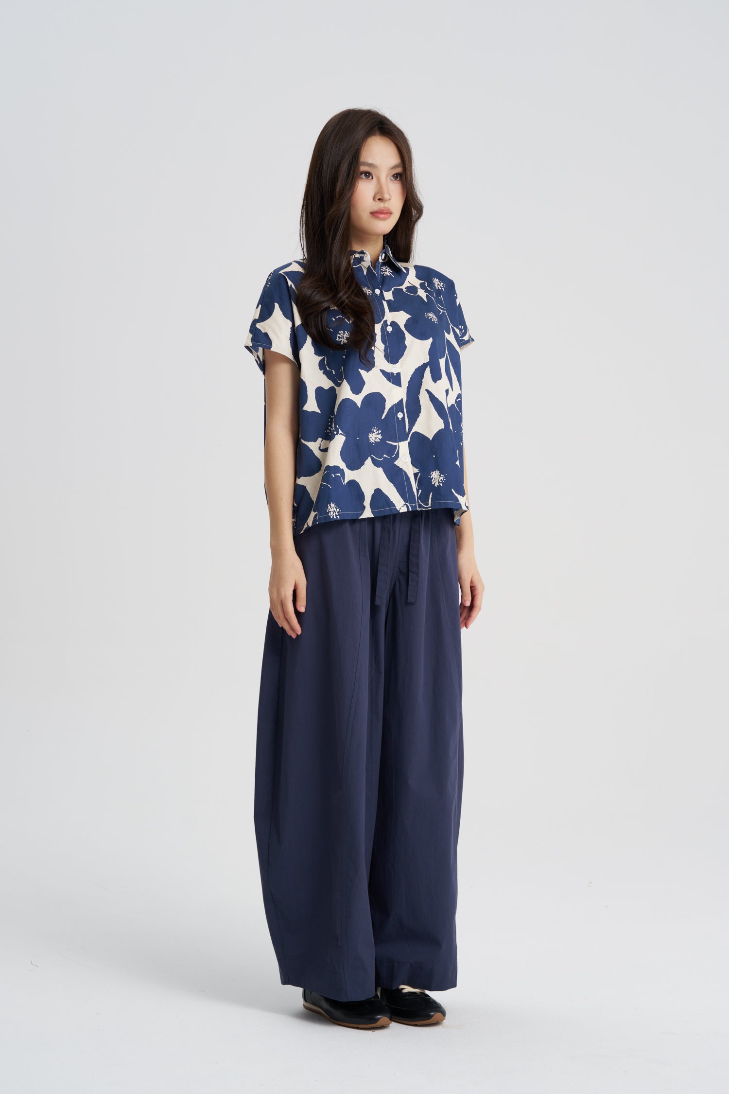 Floral Button Front Blouse - Floral Blue