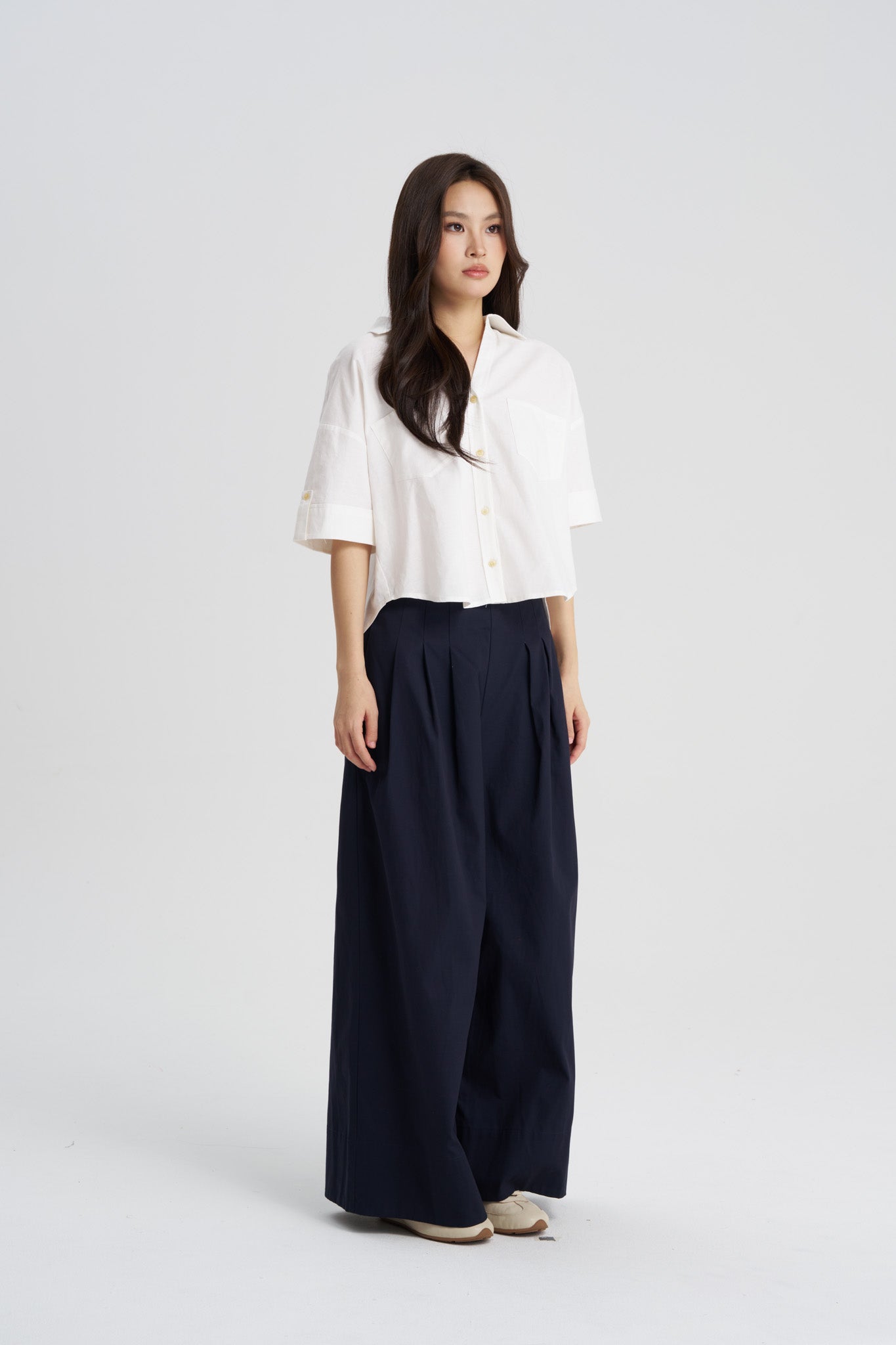 V-Neck Short Sleeve Blouse - Cream