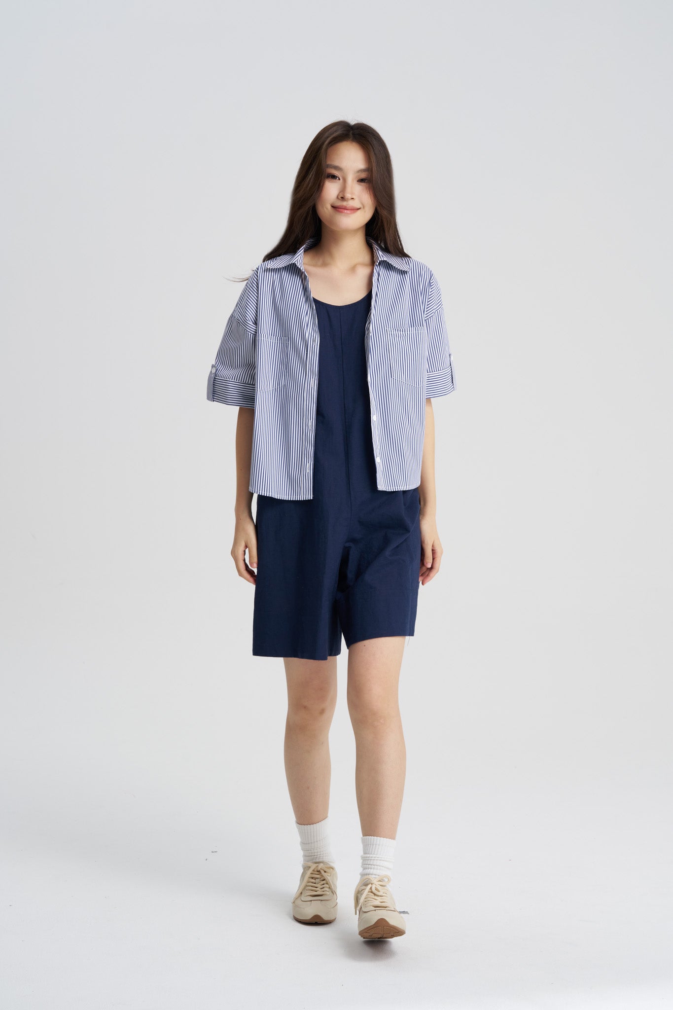 Striped Short Sleeve Blouse - Striped Navy