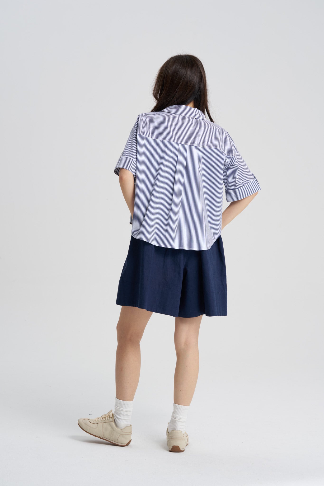 Striped Short Sleeve Blouse - Striped Navy