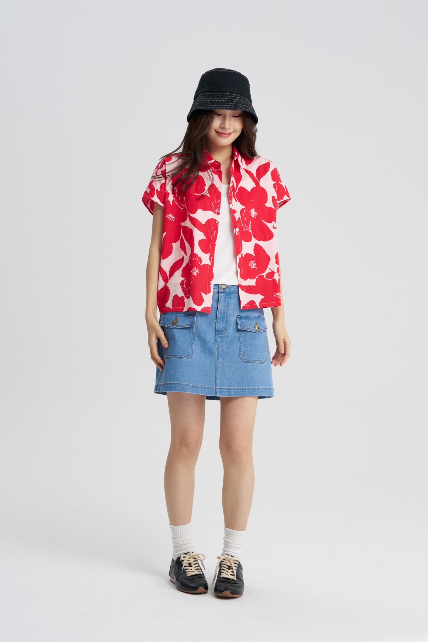Floral Button Front Blouse - Floral Red