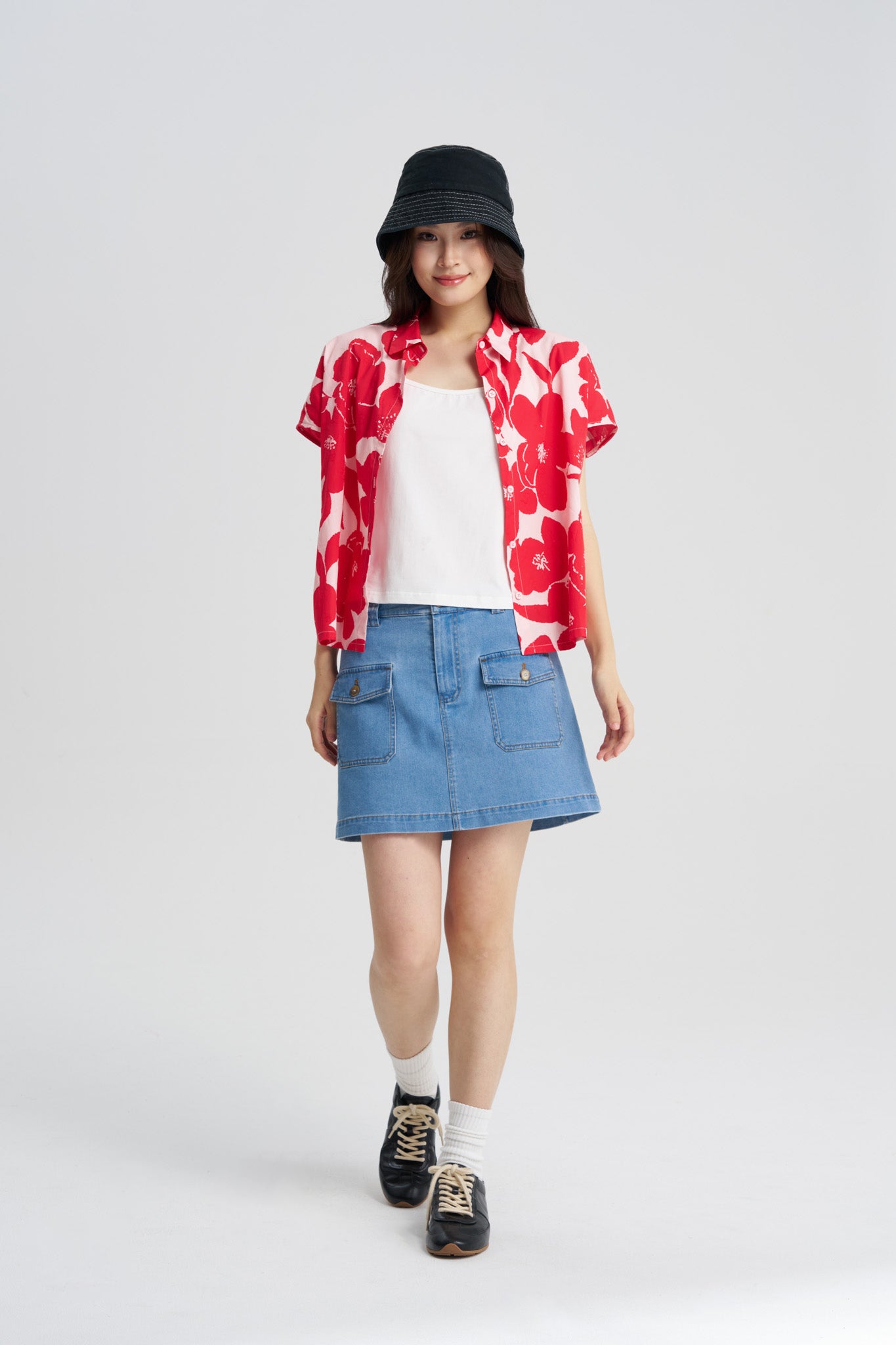 Floral Button Front Blouse - Floral Red