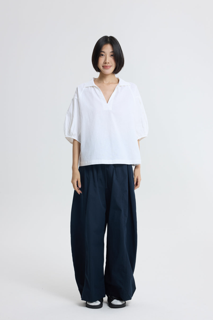 V-Neck Collared Blouse - Cream