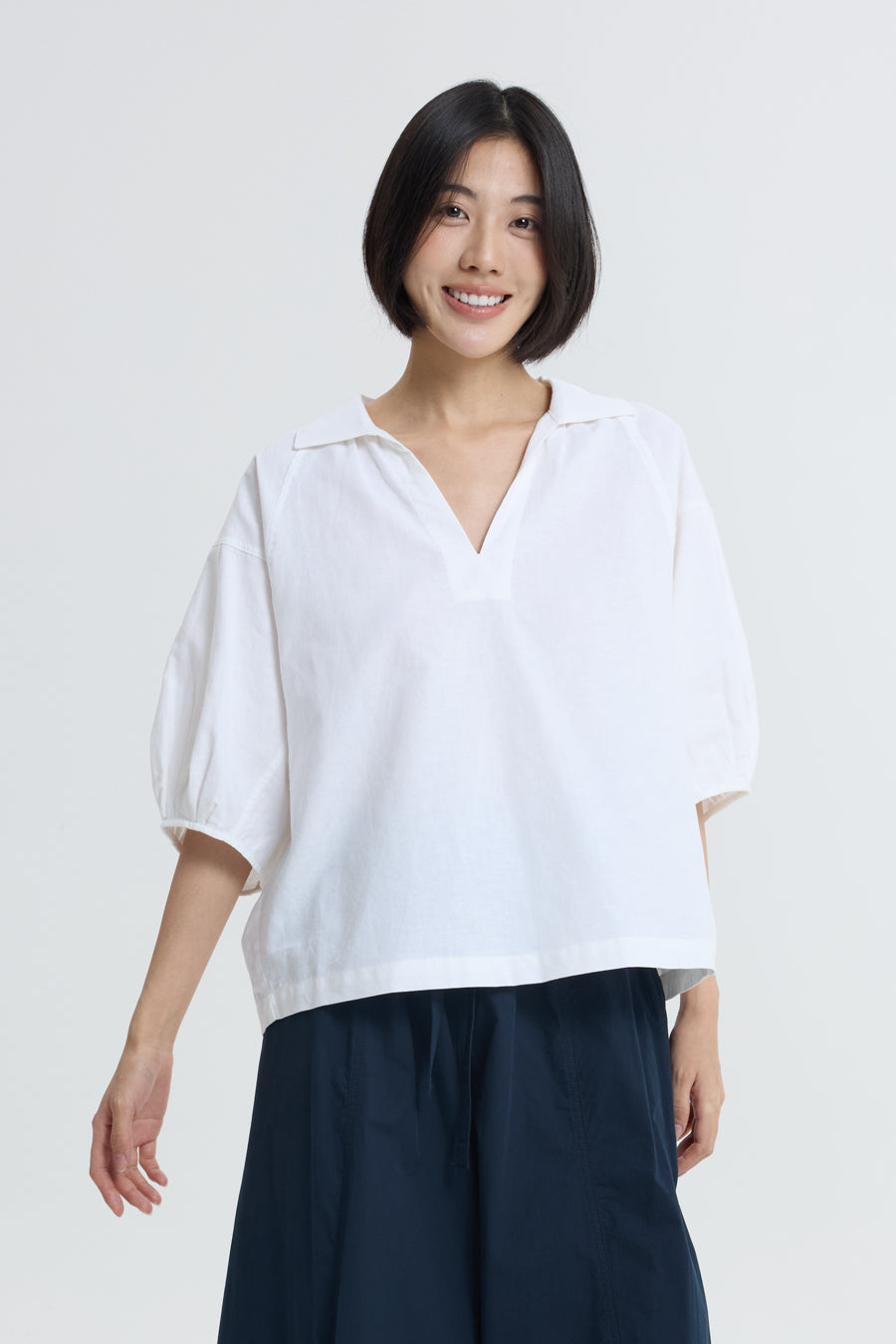 V-Neck Collared Blouse - Cream