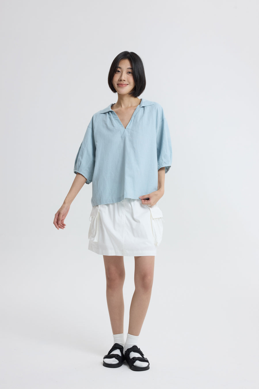 V-Neck Collared Blouse - Dusty Blue